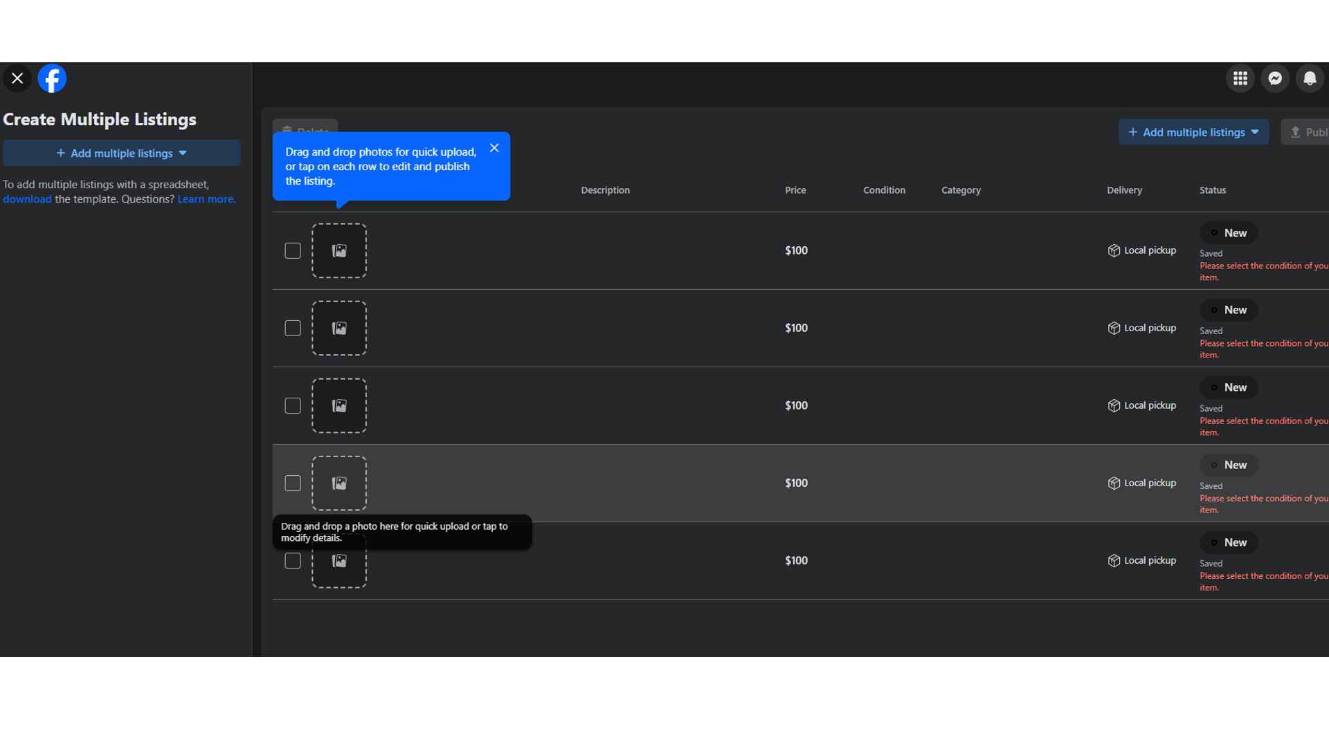 Facebook Marketplace allows the upload of multiple listings at once. 