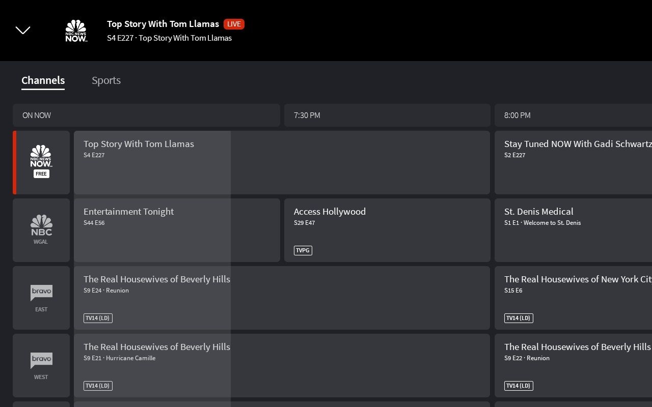 navigating channel guide via nbc app