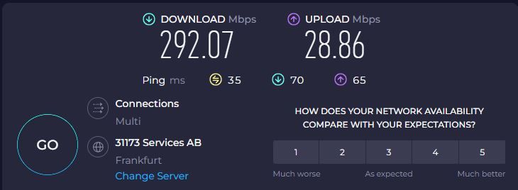 Screenshot of a speed test demonstrating NordVPN's download speed