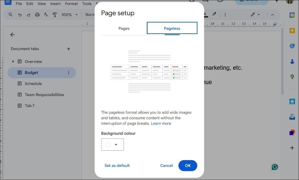 Pageless setup in Google Docs document