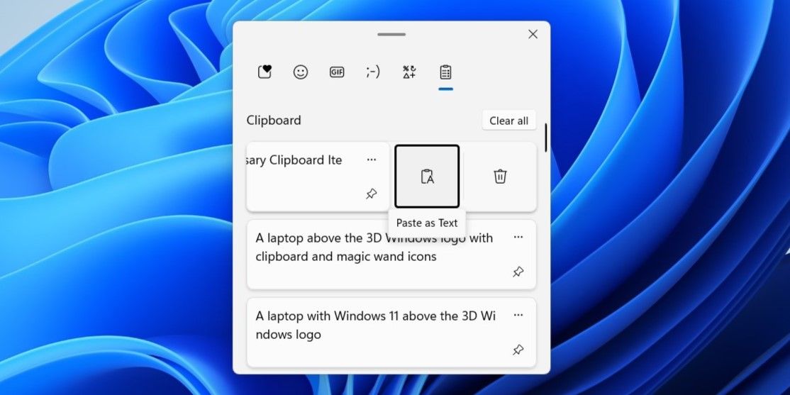 The paste as text option highlighted in Windows 11 clipboard