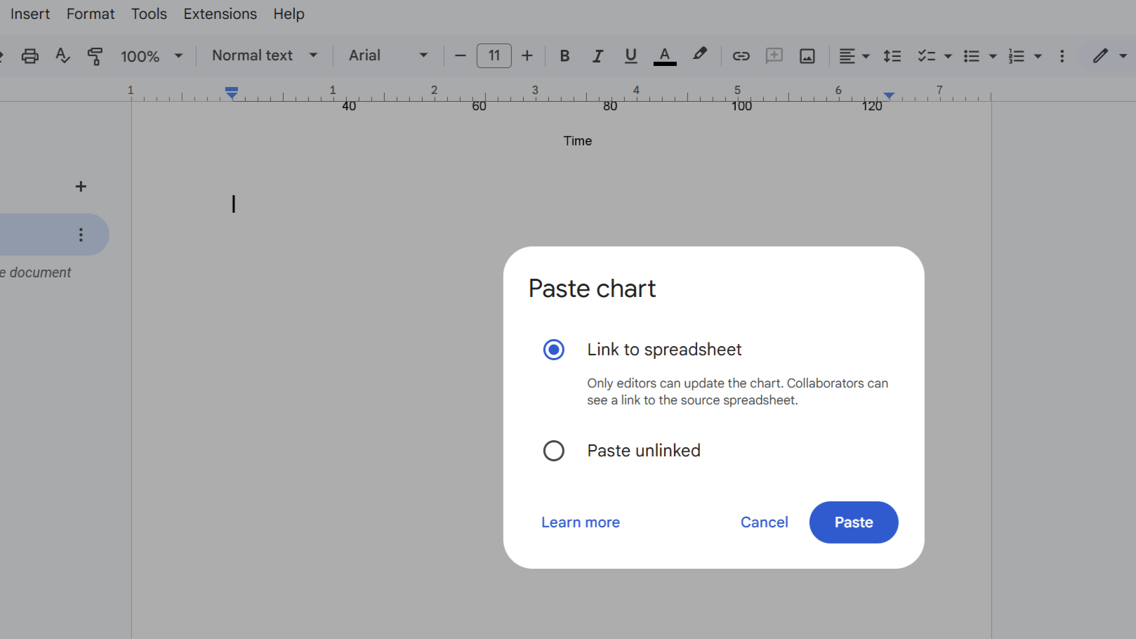 Paste chart dialog box in Google Docs