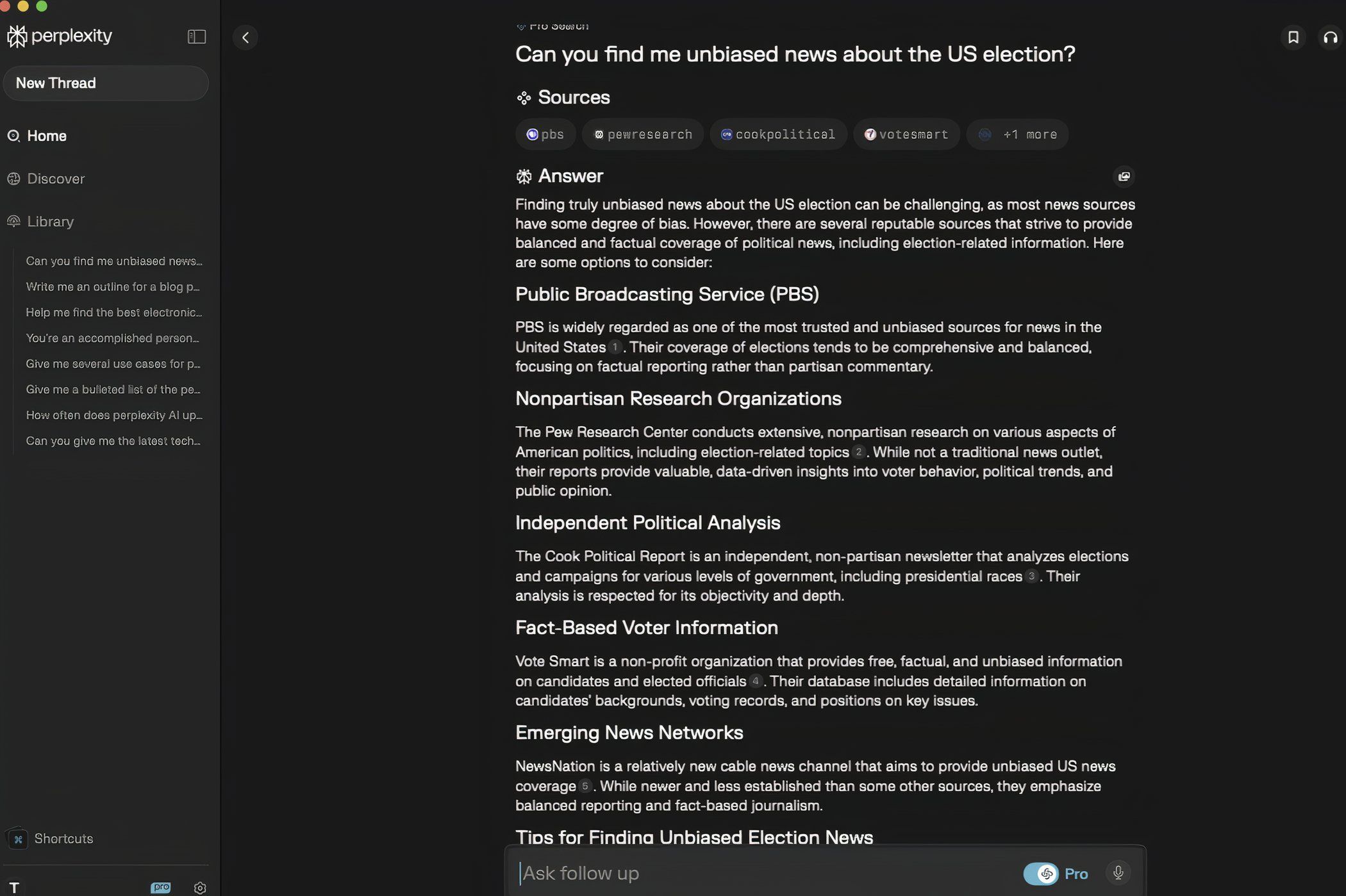 PerplexityAI Pro Search for US Election News
