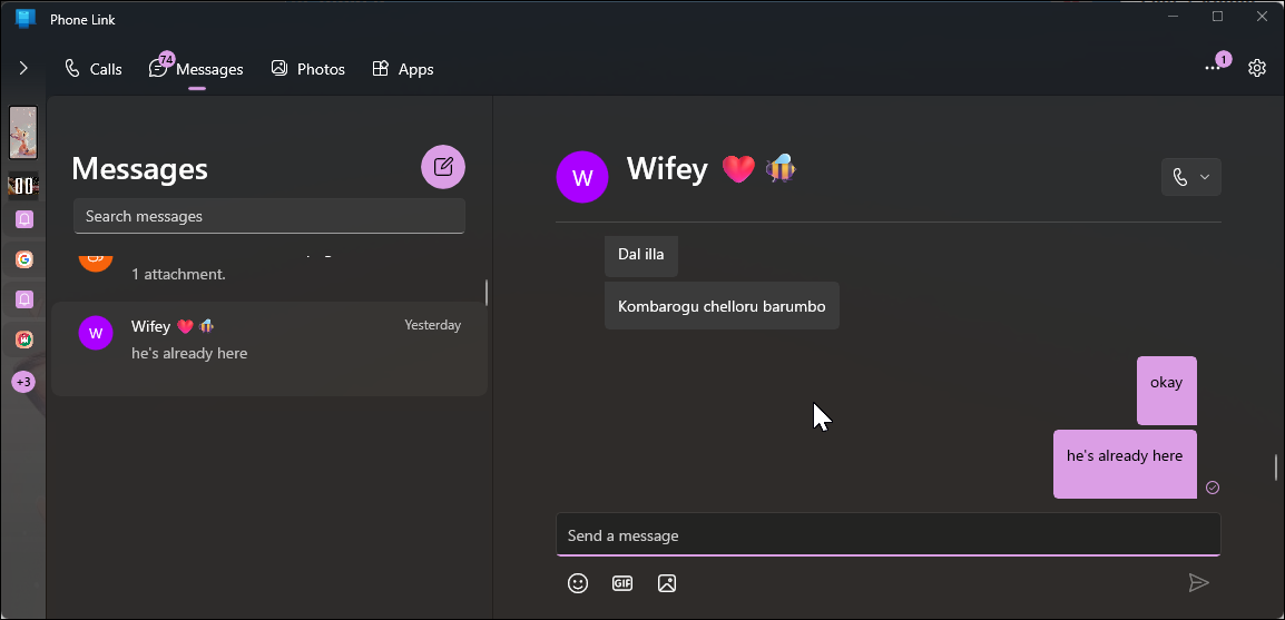 Phone Link in Windows with a text conversation open