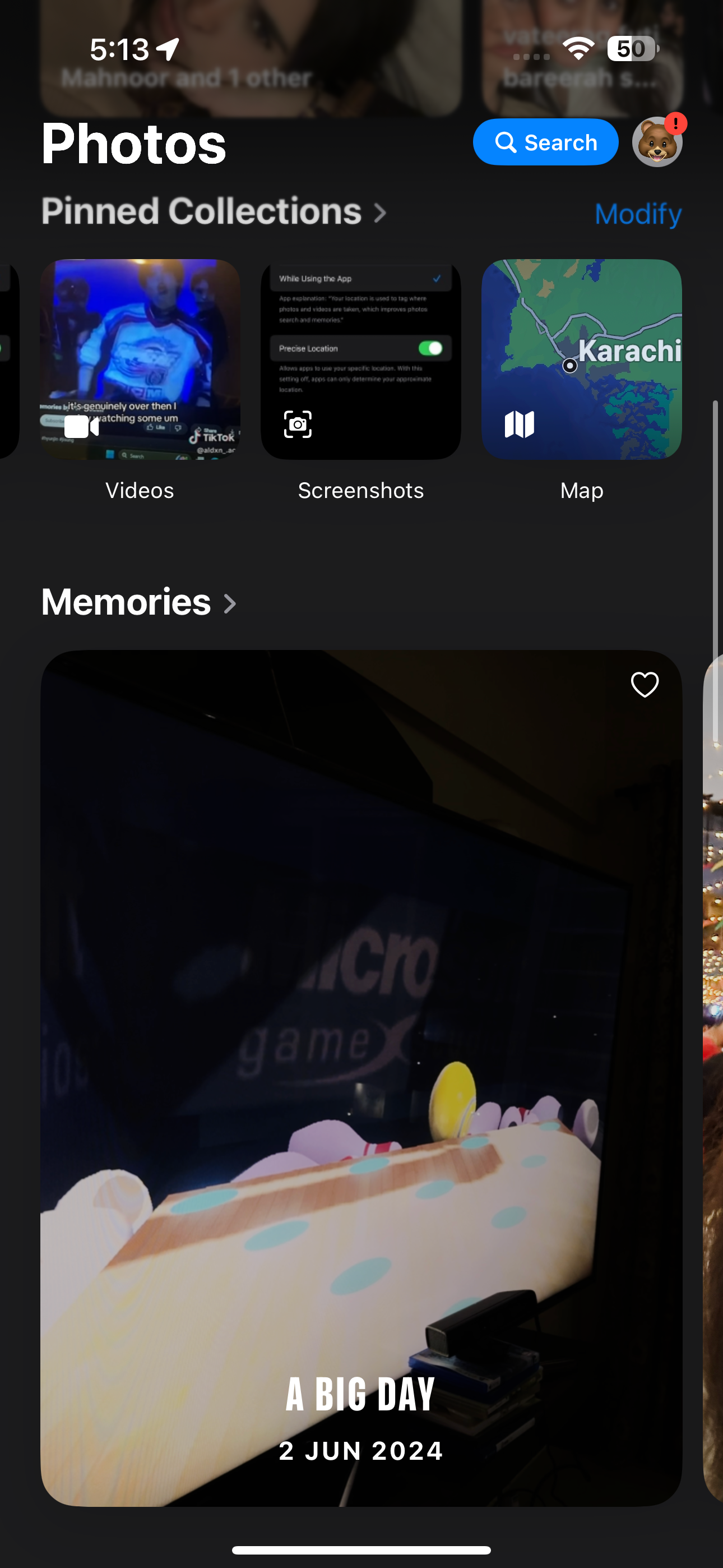 Pinned collections in the iOS Photos app showing the collection of cards