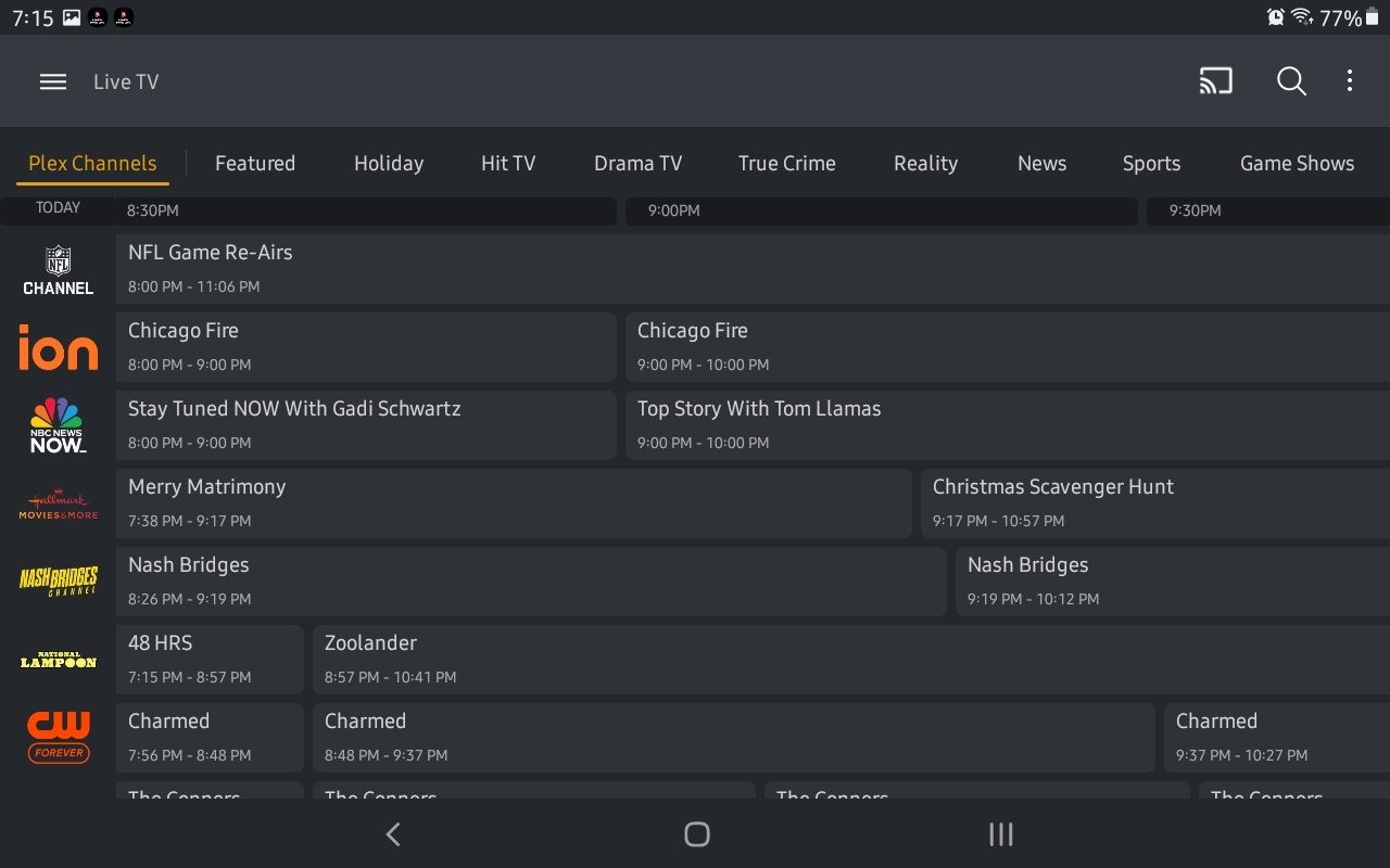 plex live channels guide, featuring nfl, ion, nbc news, nash bridges, national lampoon, and cw forever