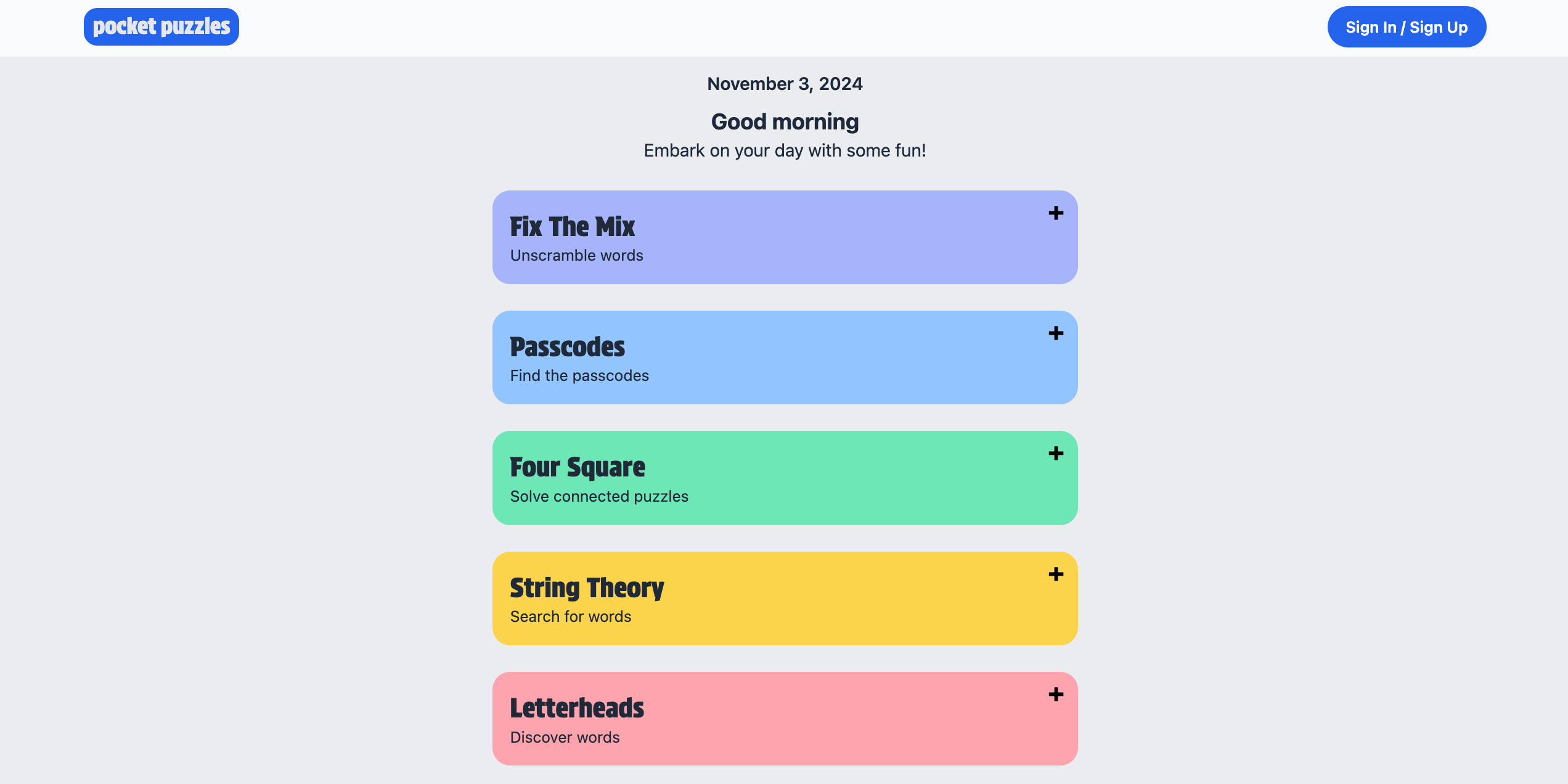 A lineup of five games included on Pocket Puzzles