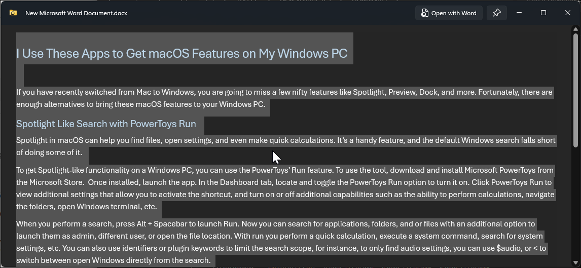 PowerToys Peek utility's preview window showing a text document in Windows 11 with text highlighted