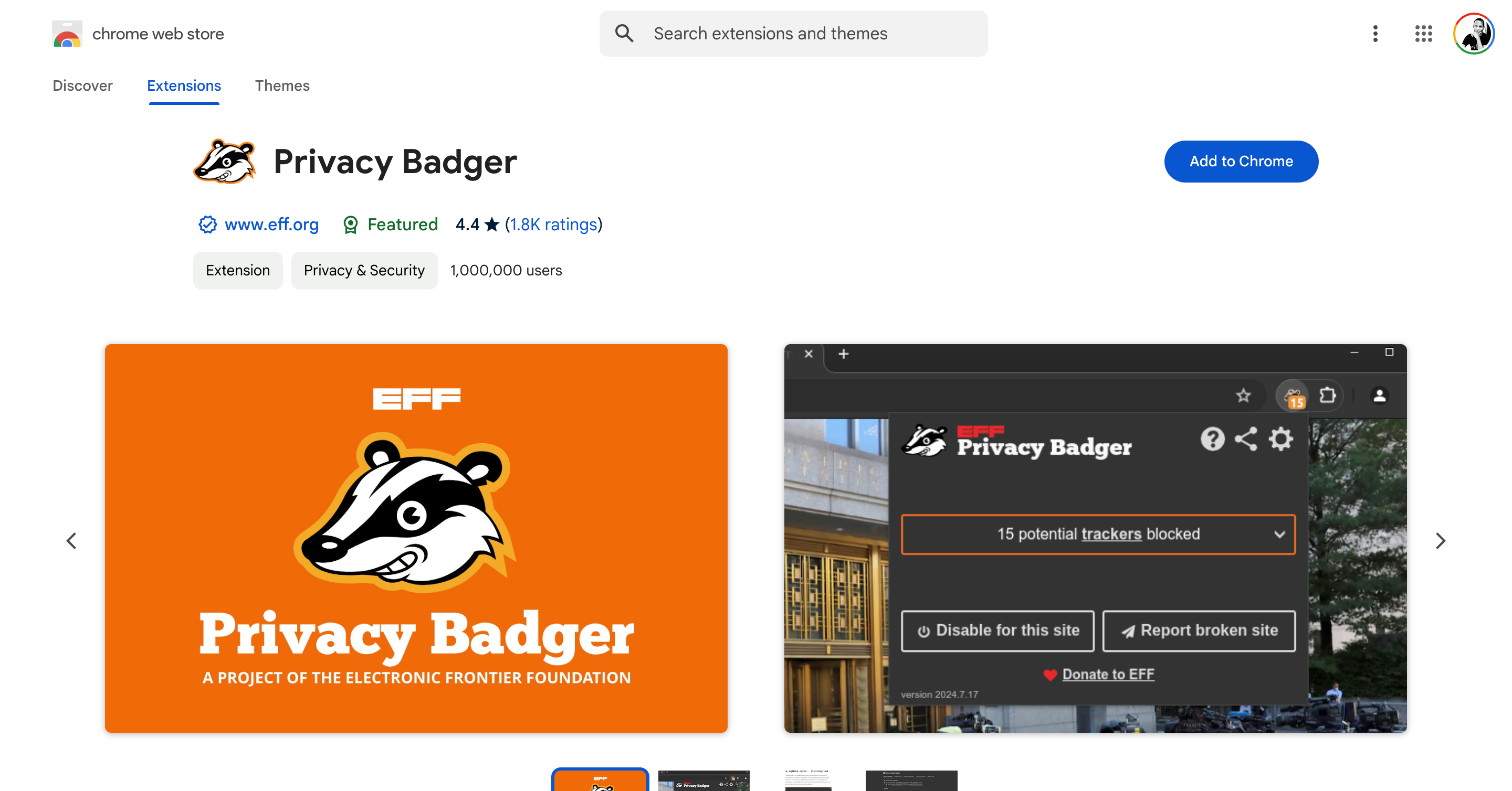 Privacy Badger extension in Chrome webstore