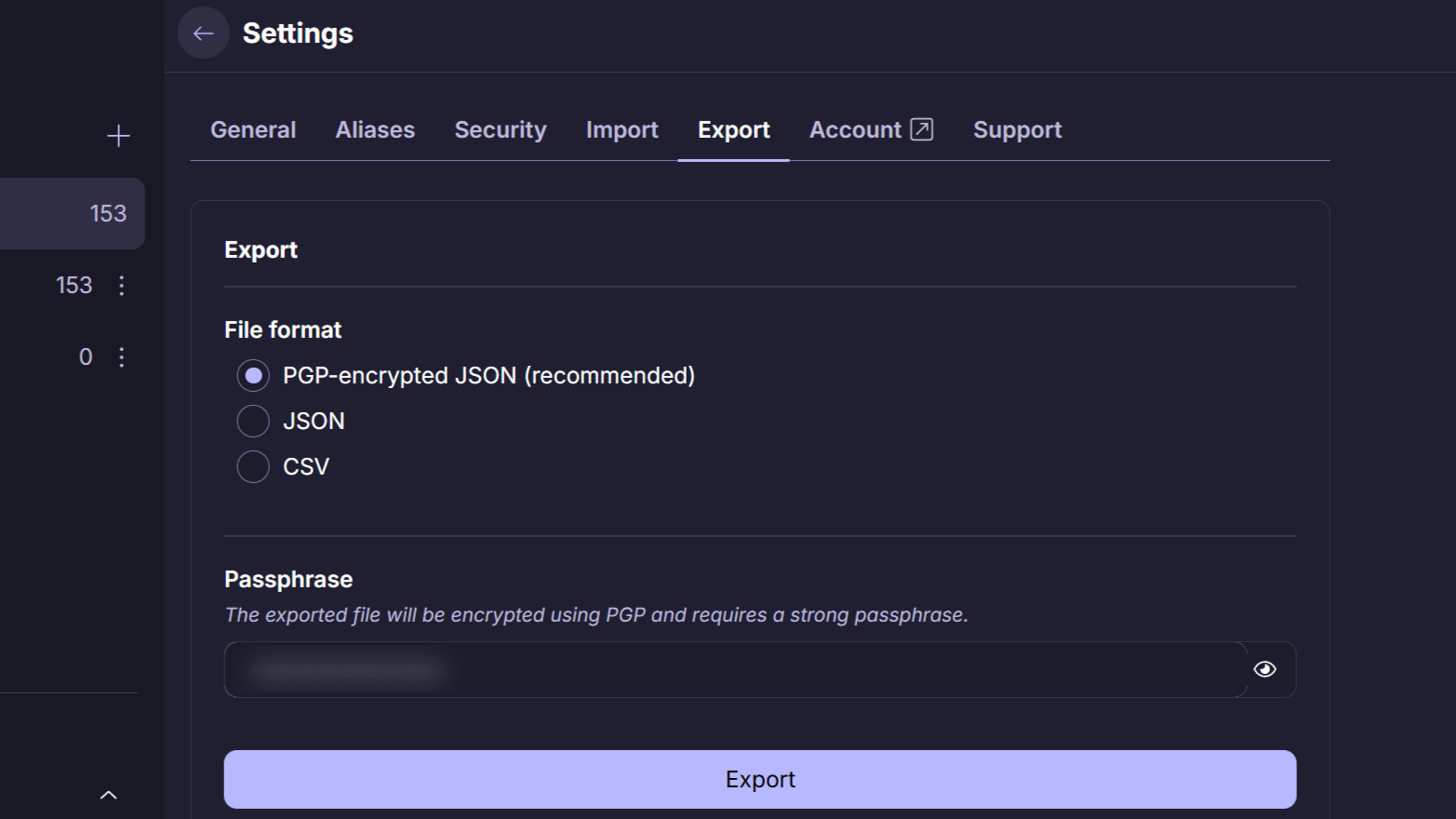 Proton Pass web app showing export passwords PGP-encrypted in JSON format