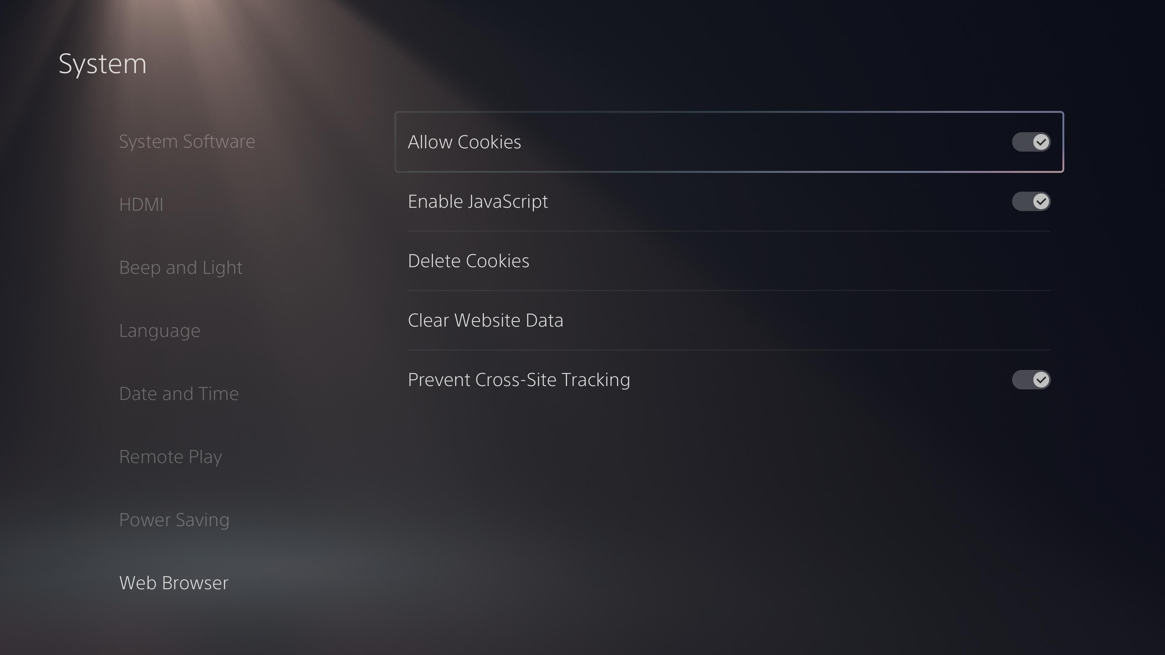 PS5 Browser Settings Page