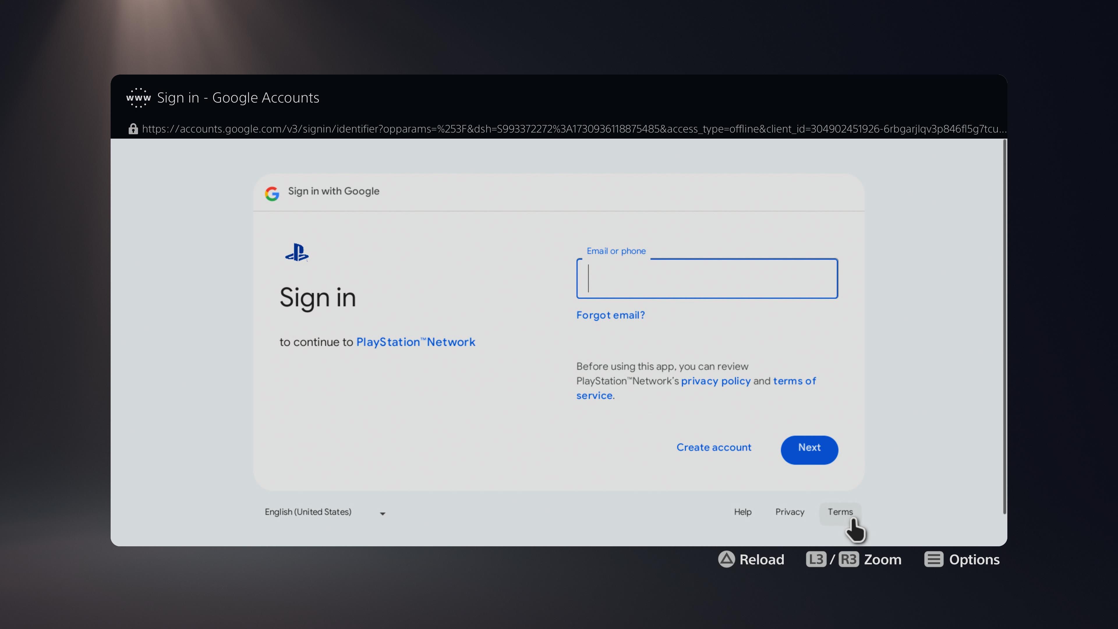 PS5 Sign Into Google Account Page