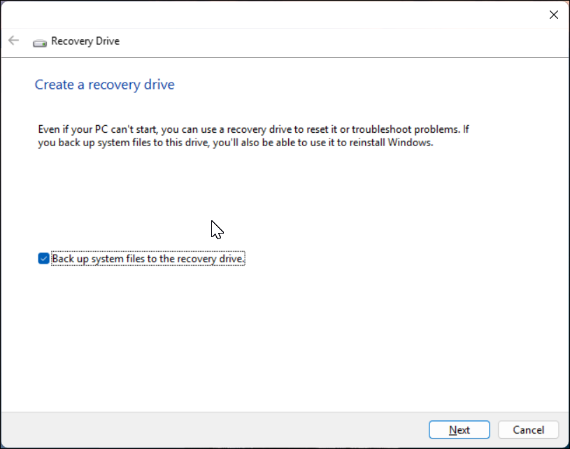 Recovery drive app windows open in Windows 11