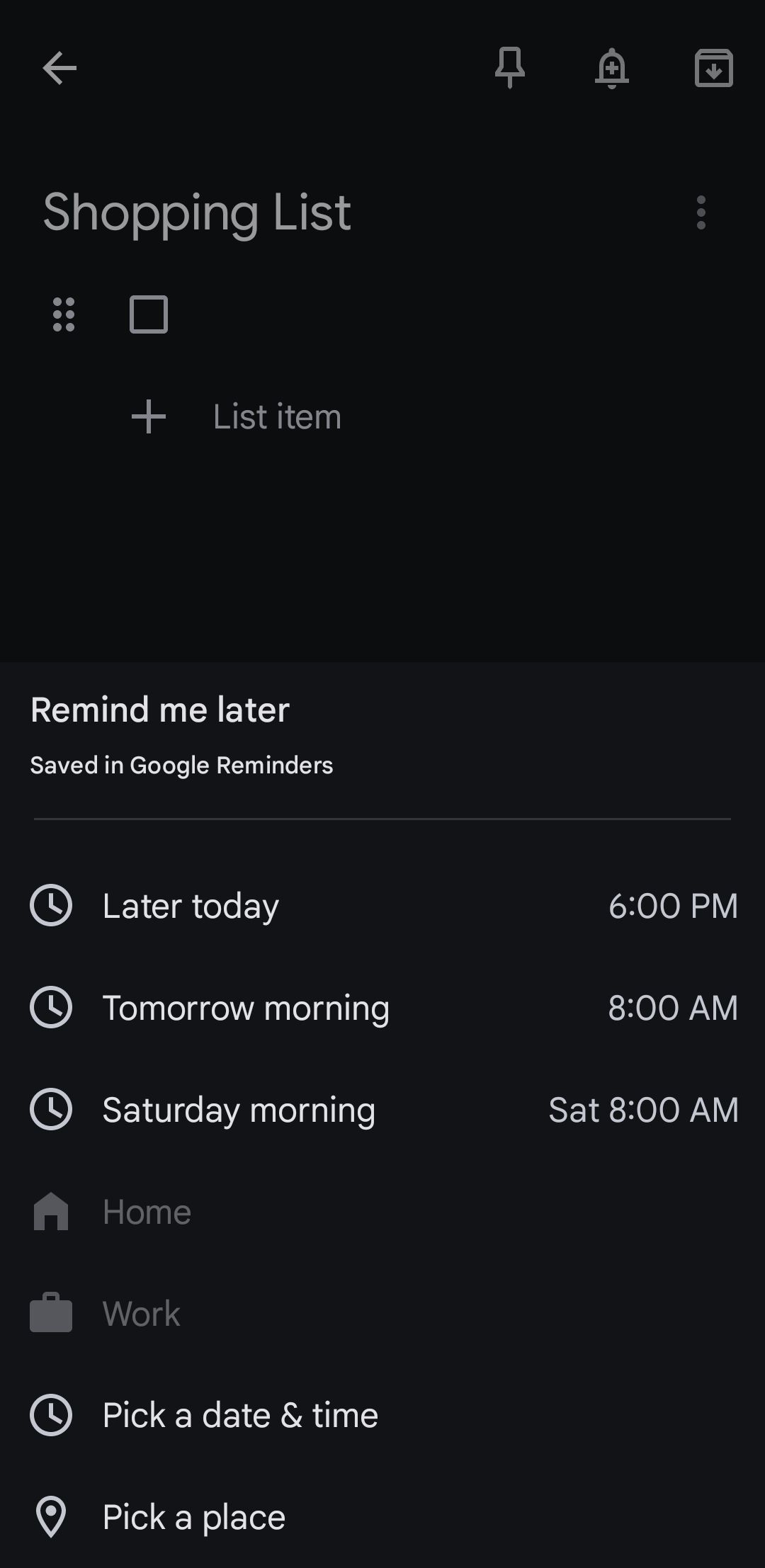 منوی یادآورها در برنامه Google Keep