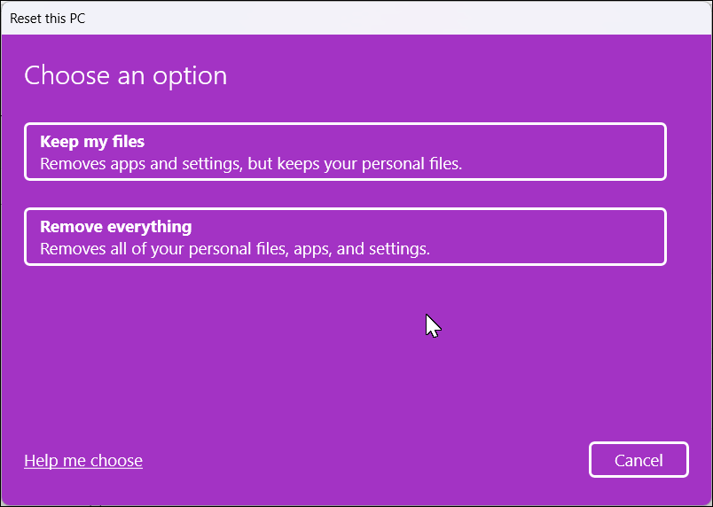 Reset this PC window with the reset options in Windows 11