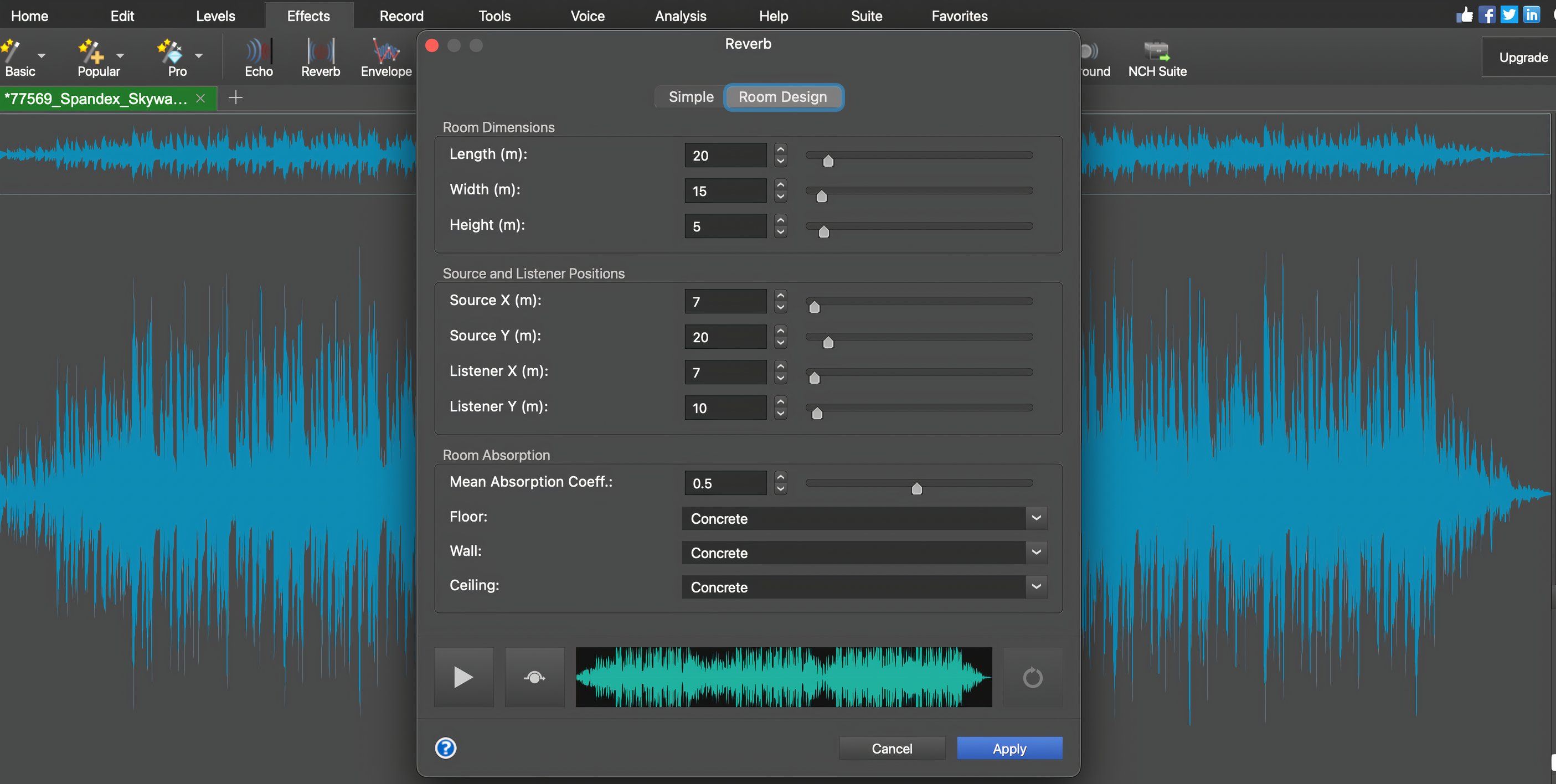 افزودن Reverb به فایل صوتی در WavePad.