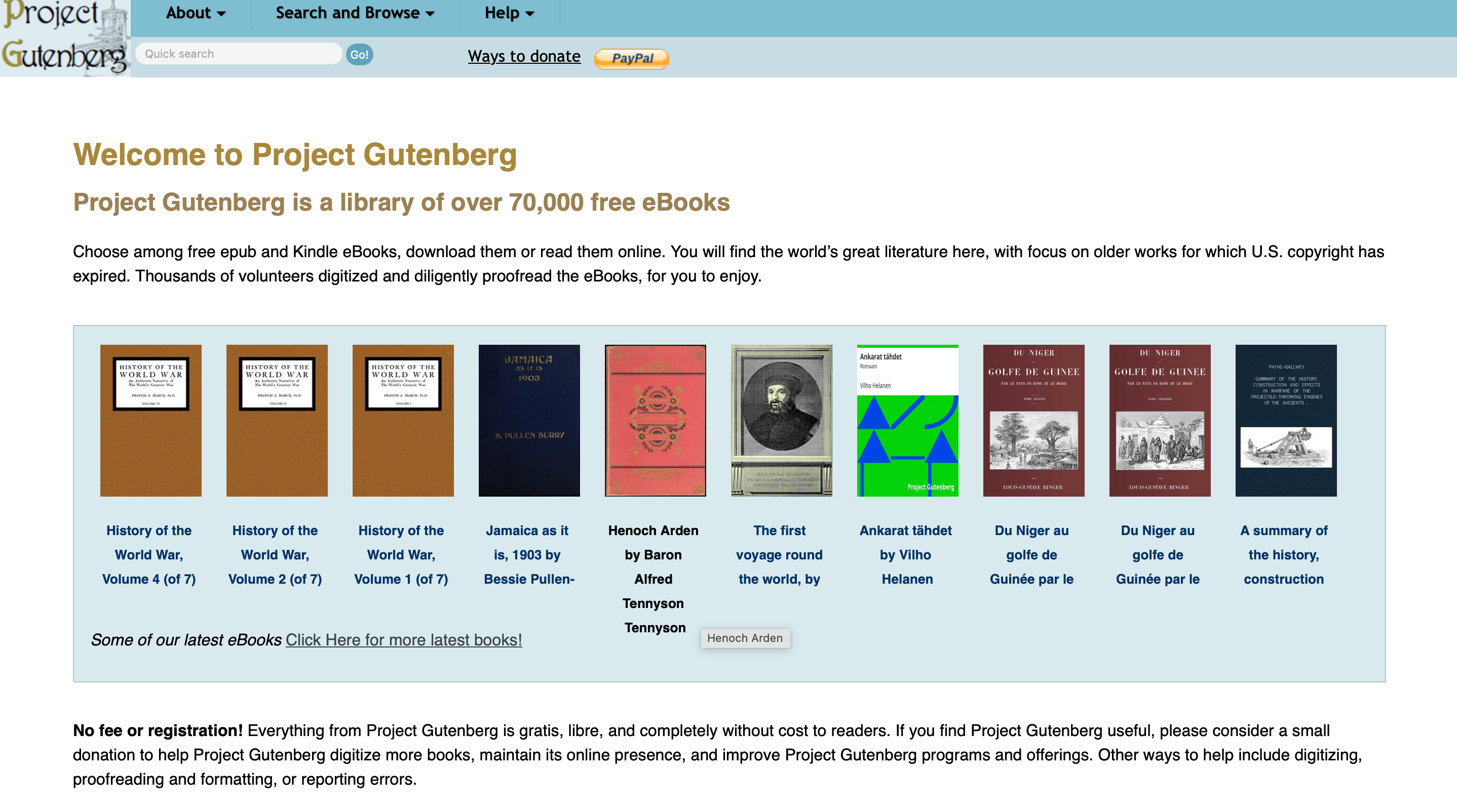 Project Gutenberg home page with more than 70,000 free ebooks