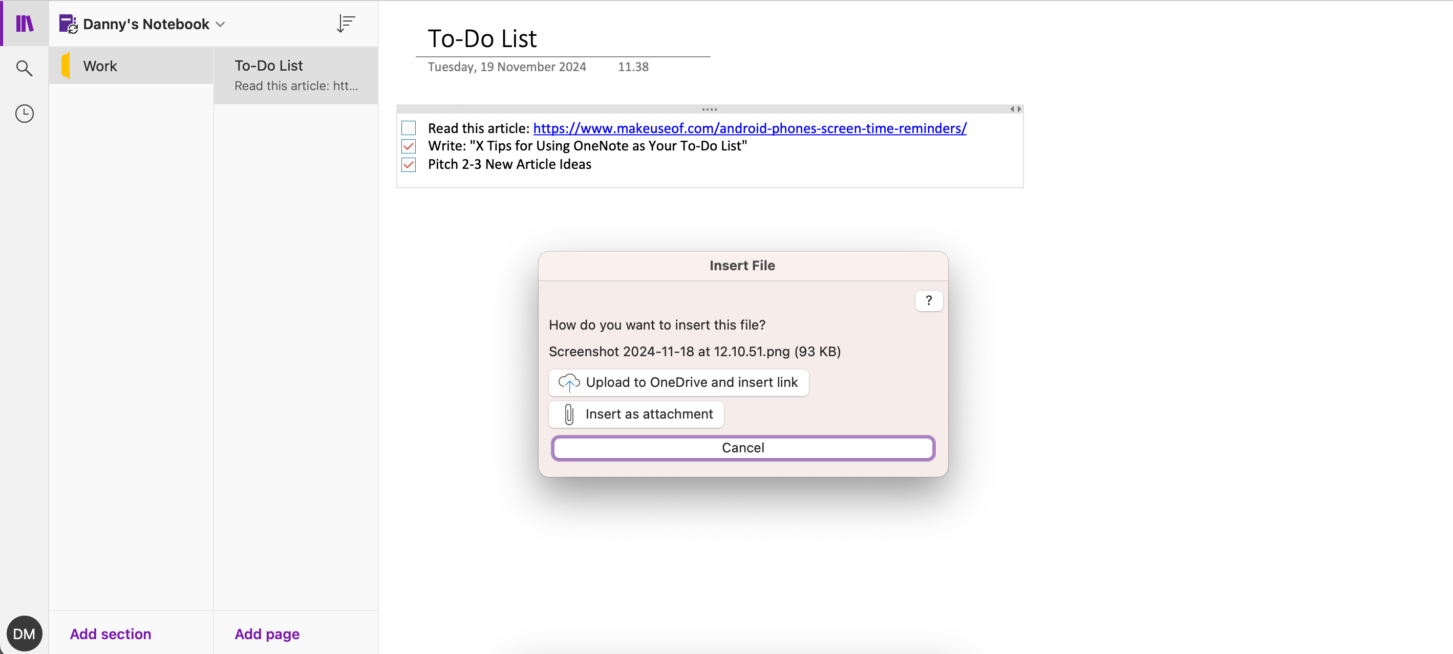 The two options to insert a file into OneNote