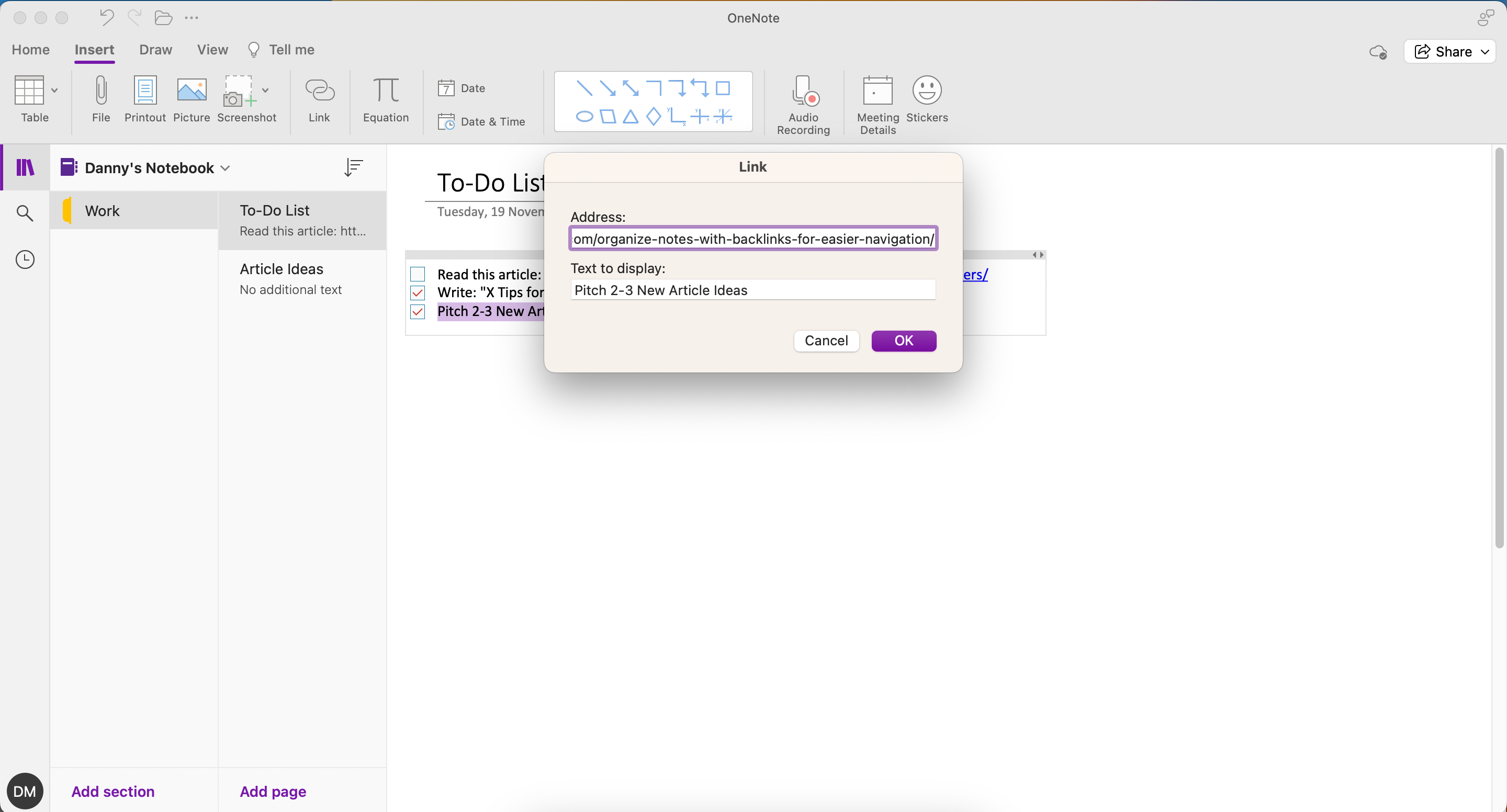 Add a link to a OneNote page within your to-do list