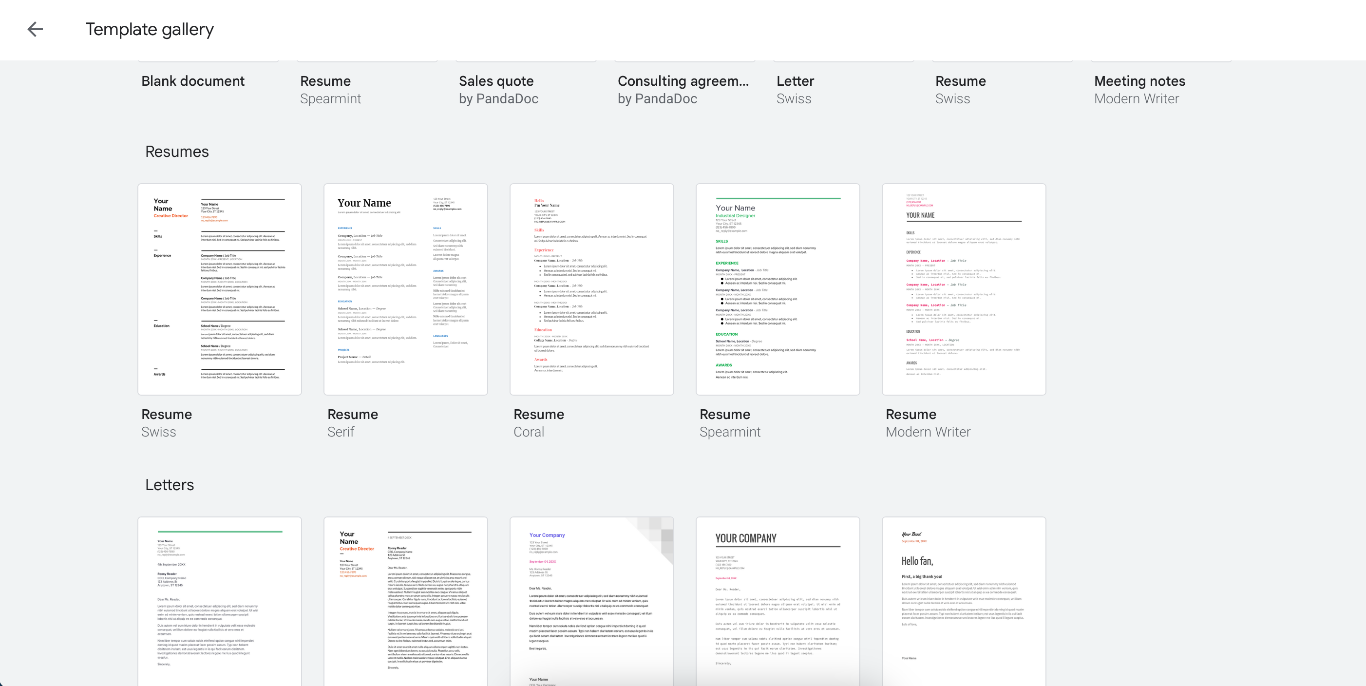 A list of resume templates in Google Docs