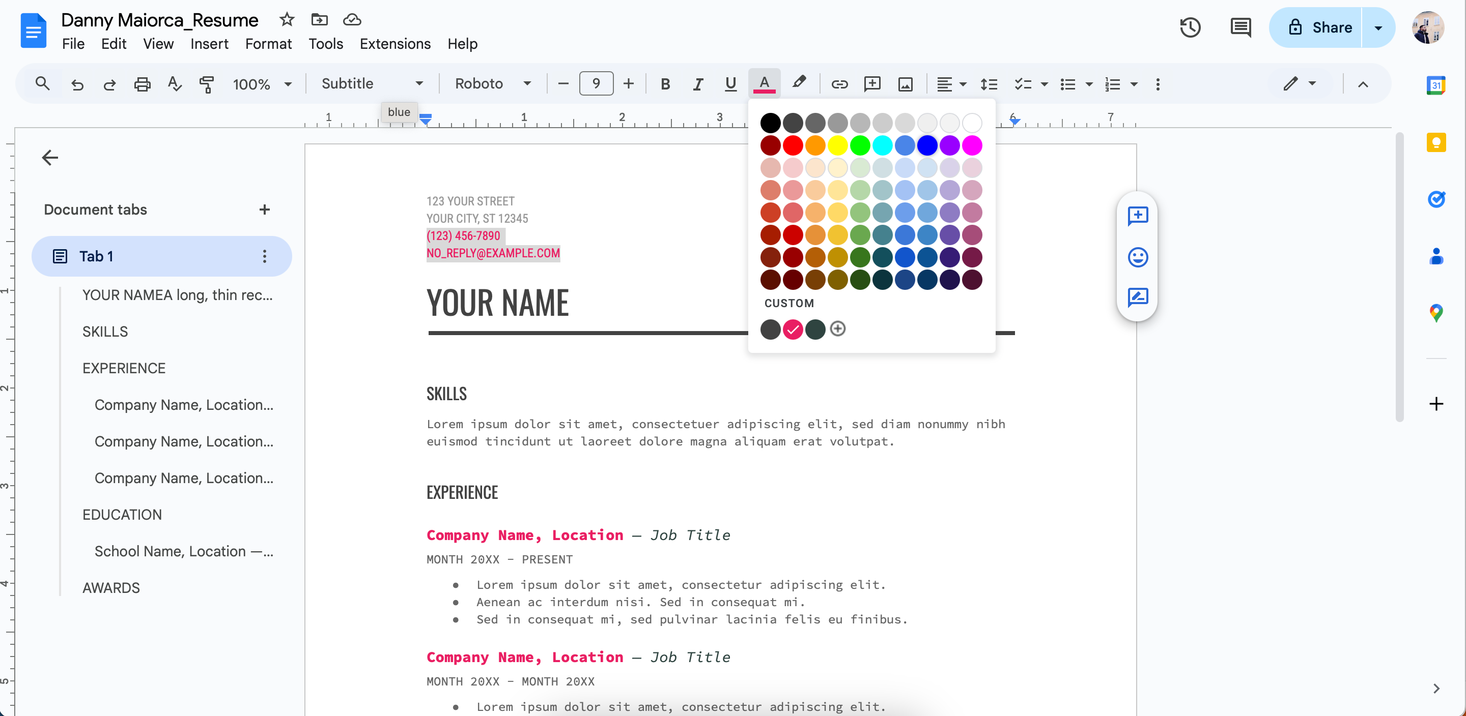 Edit the color of your resume text in Google Docs 