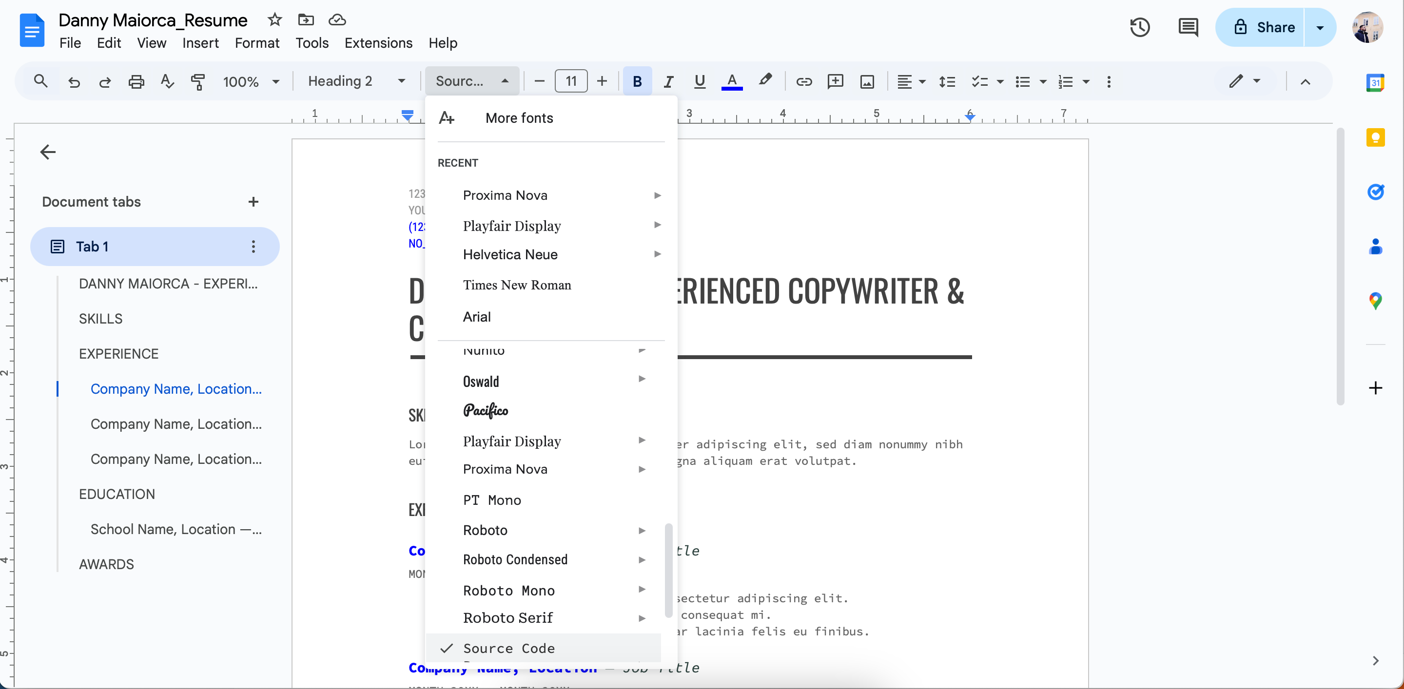 Edit the font in a resume on Google Docs