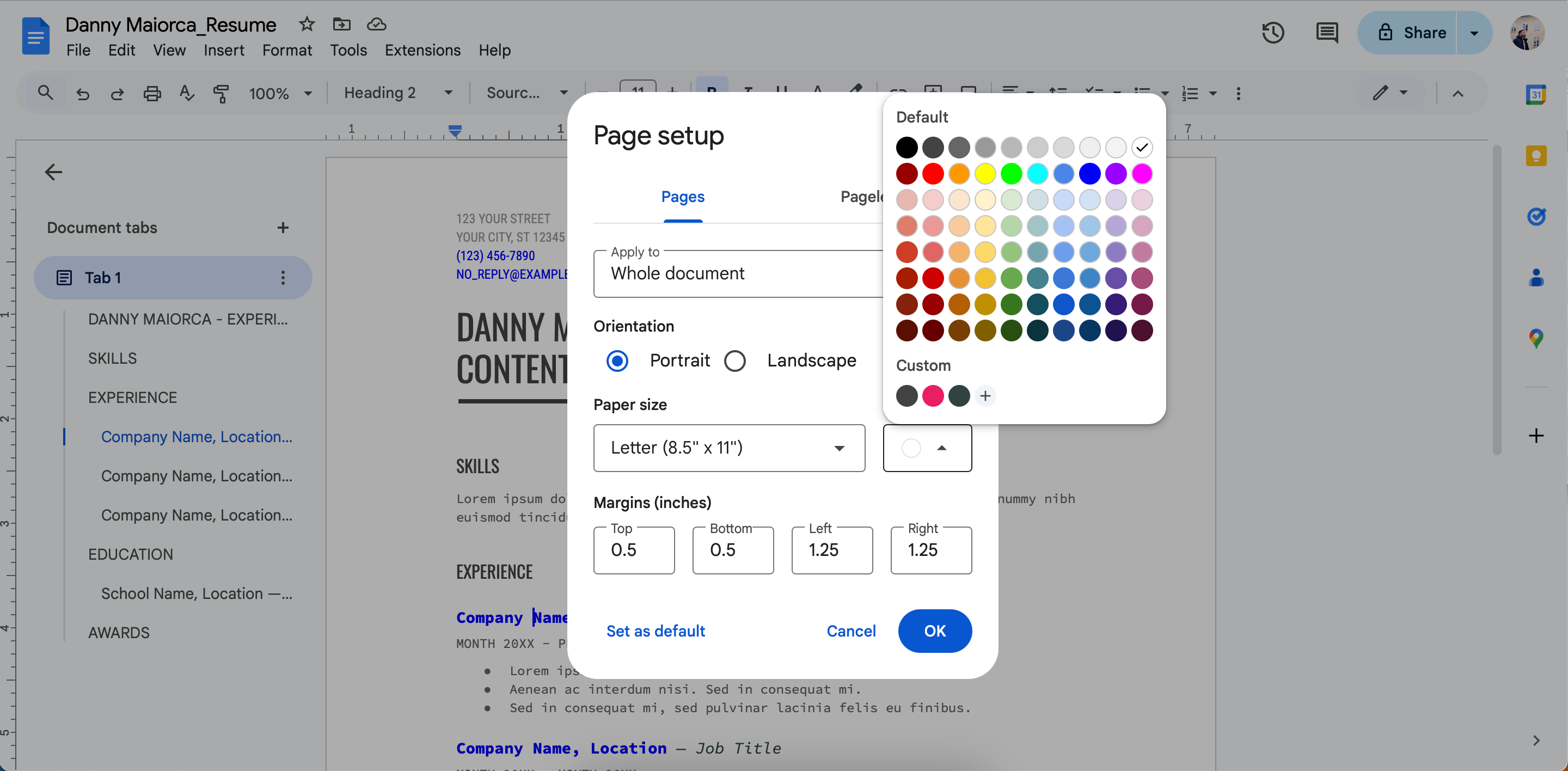 Edit the Background Color for a Resume in Google Docs