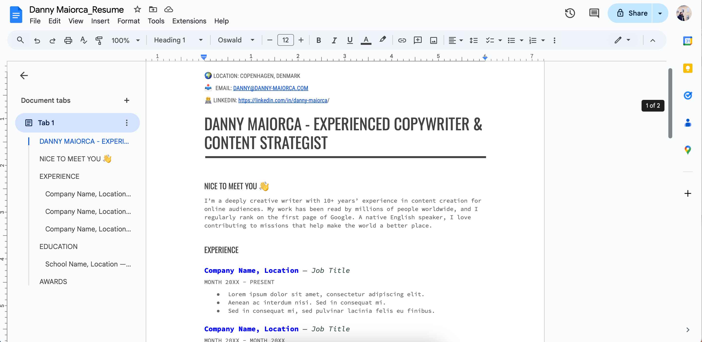 Creating the basic parts of a resume in Google Docs