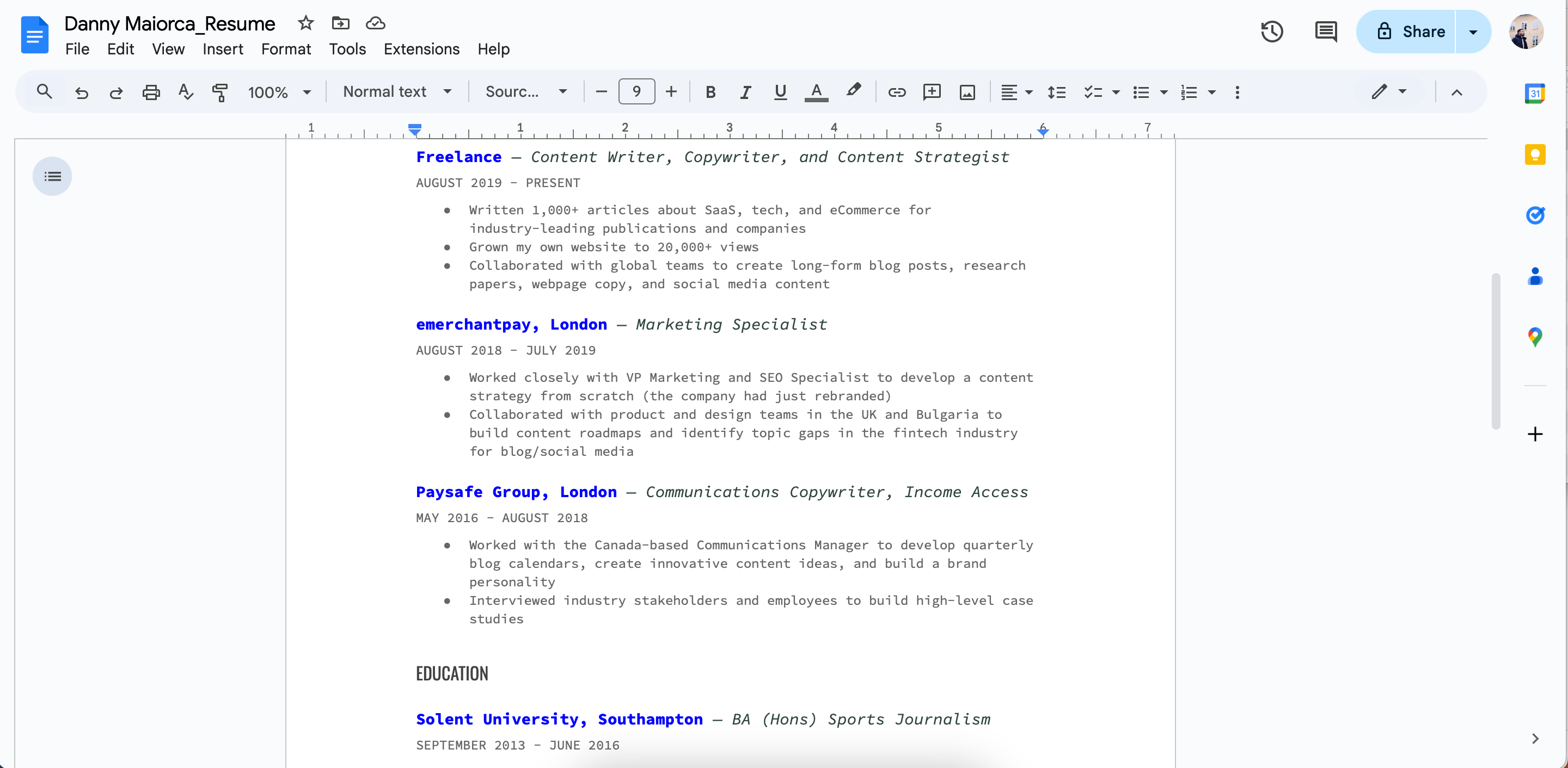 Writing Experience in a Google Docs Resume