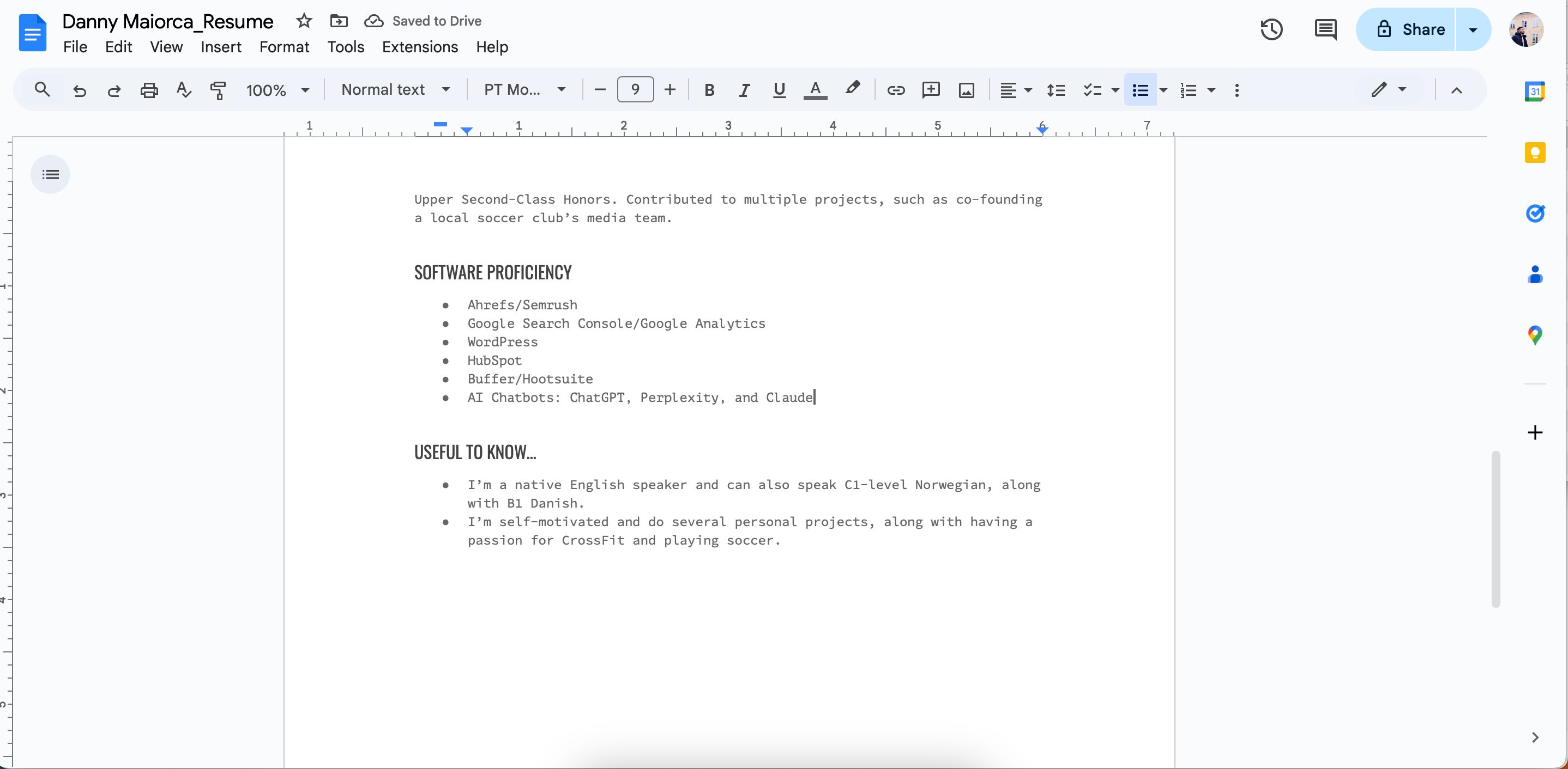 Adding "Nice-to-Haves" to a Resume in Google Docs 