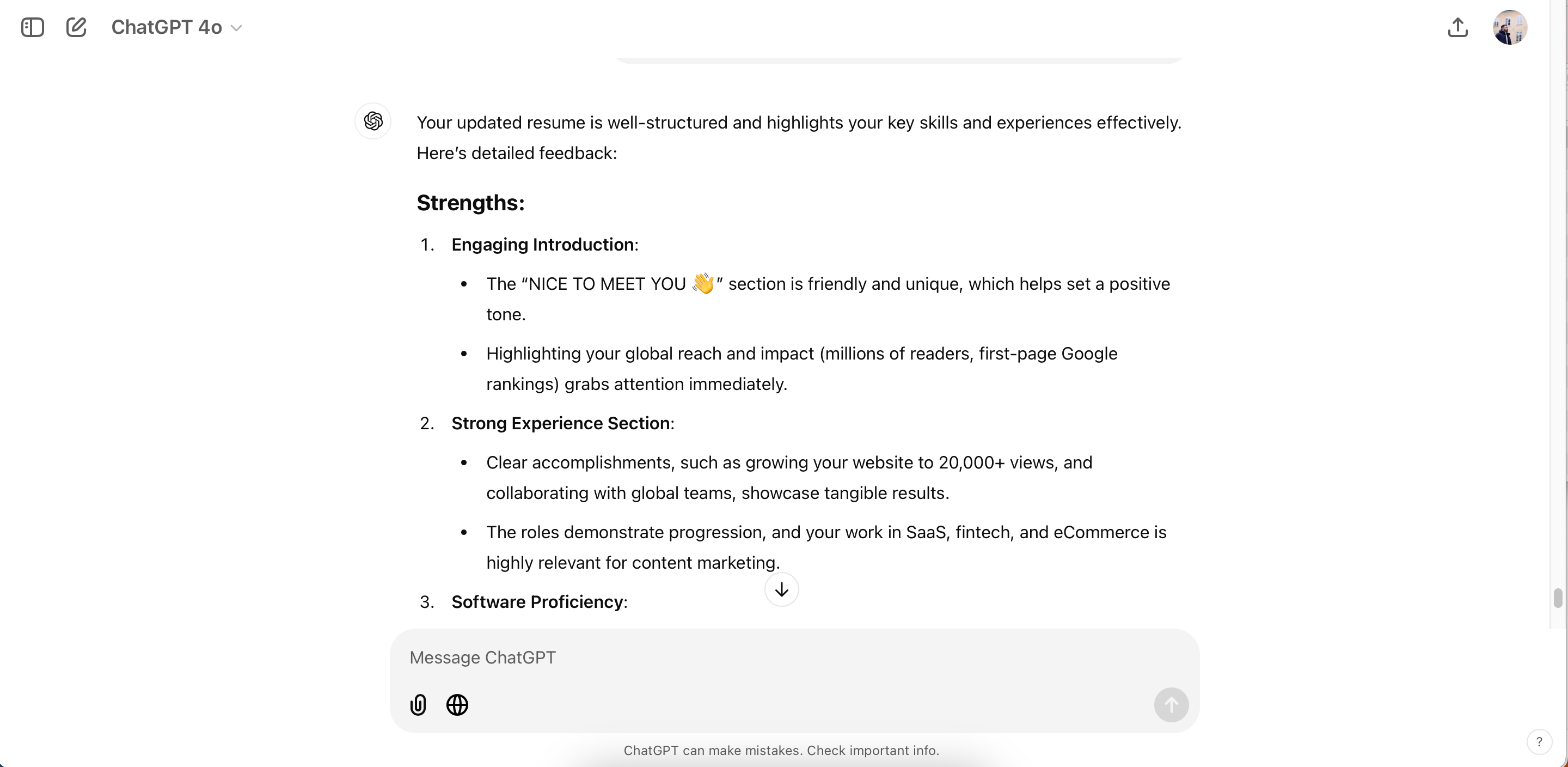 Feedback in ChatGPT for a resume created in Google Docs