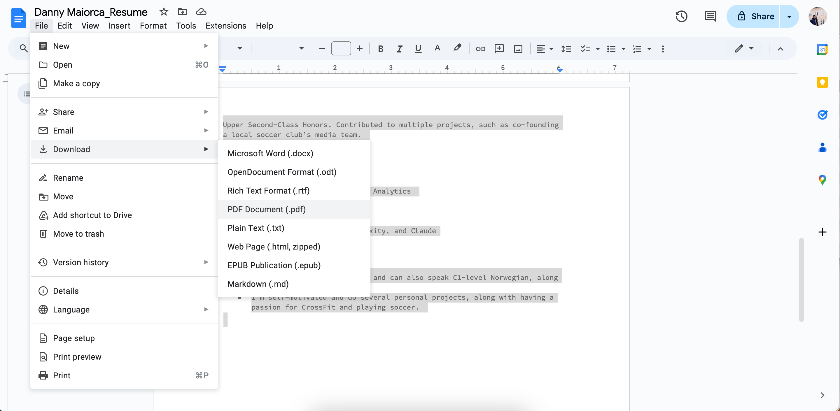 Export a resume from Google Docs