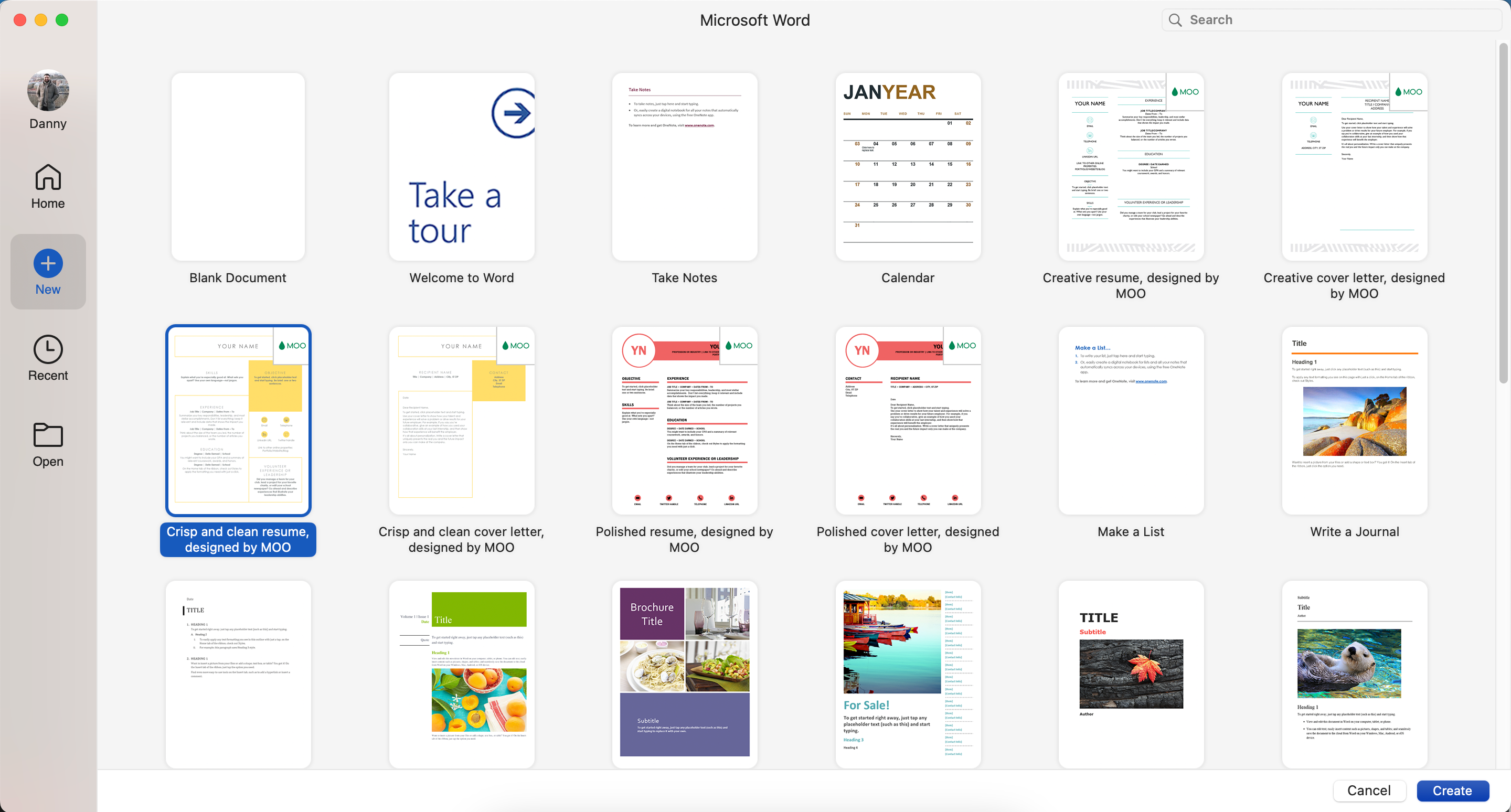 A list of templates for resume creation in Microsoft Word