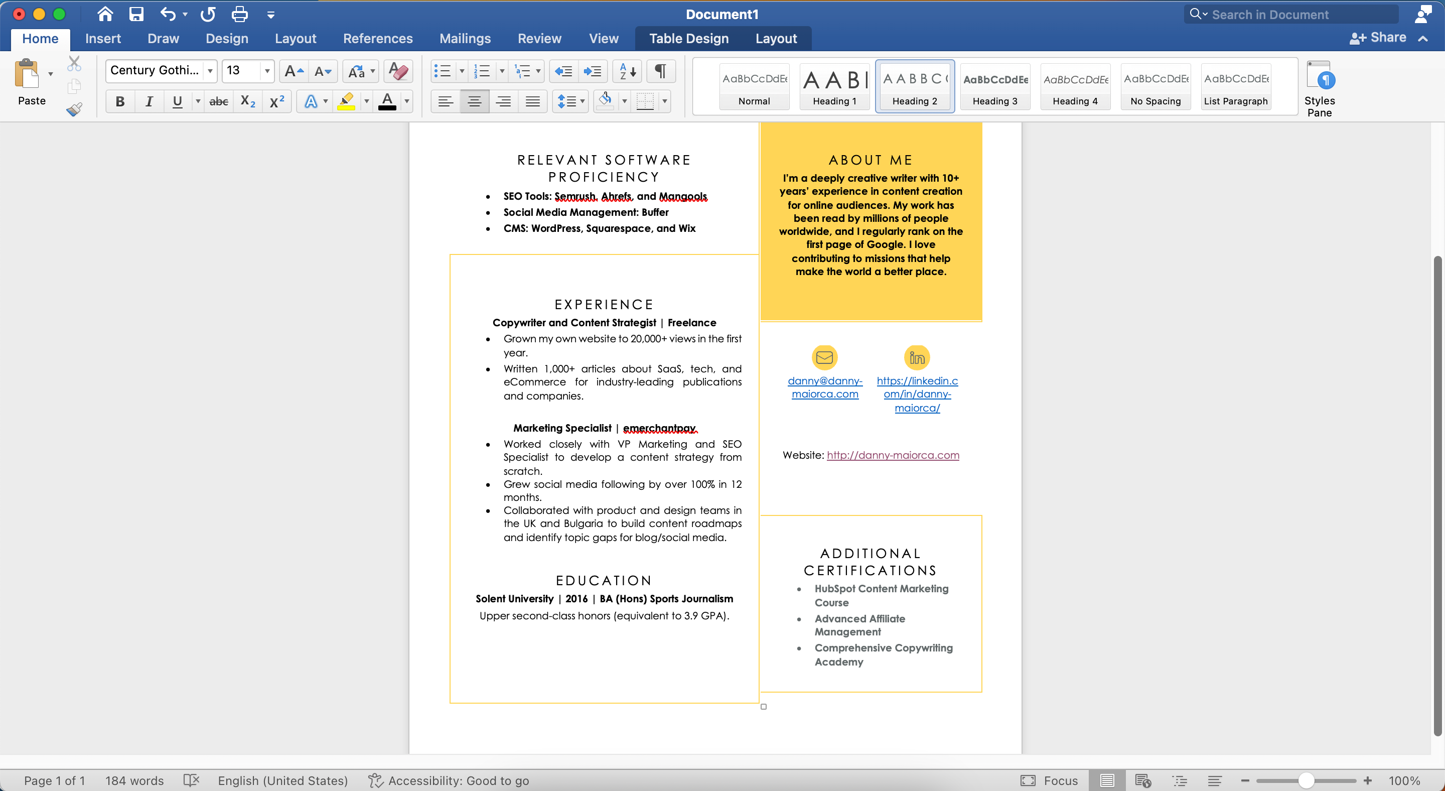 Essential Information Added to a Microsoft Word Resume