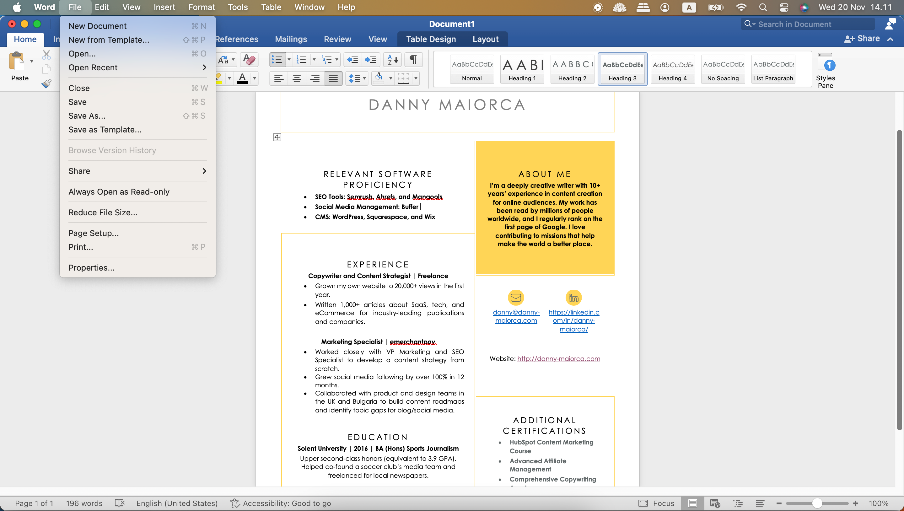 The File menu option to save a resume in Microsoft Word 