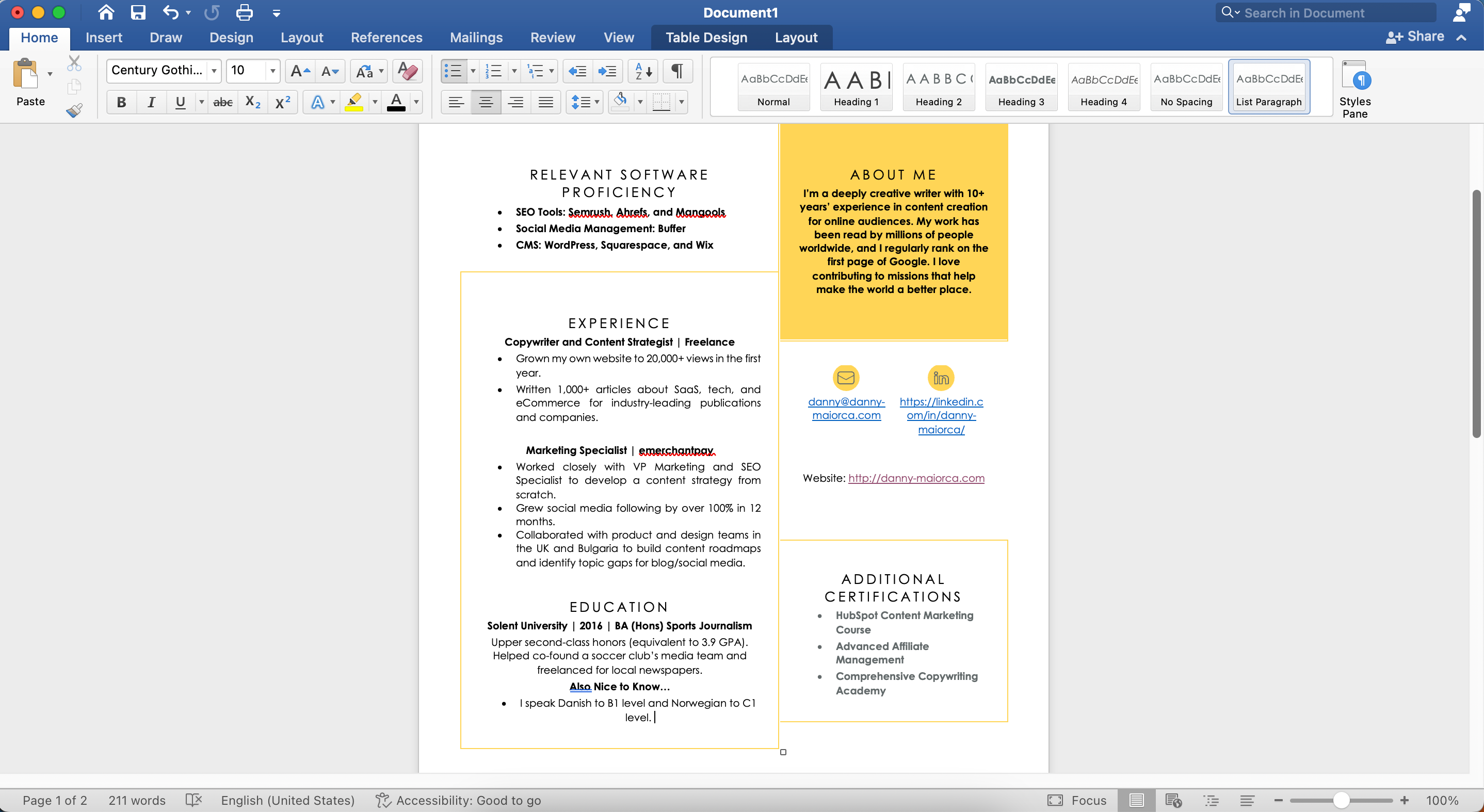 A completed resume in the Microsoft Word app