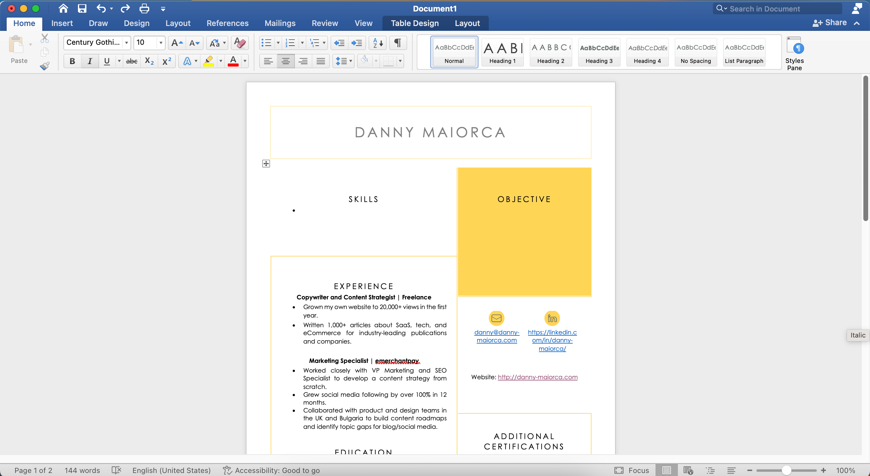 Resume Contact Details in Microsoft Word