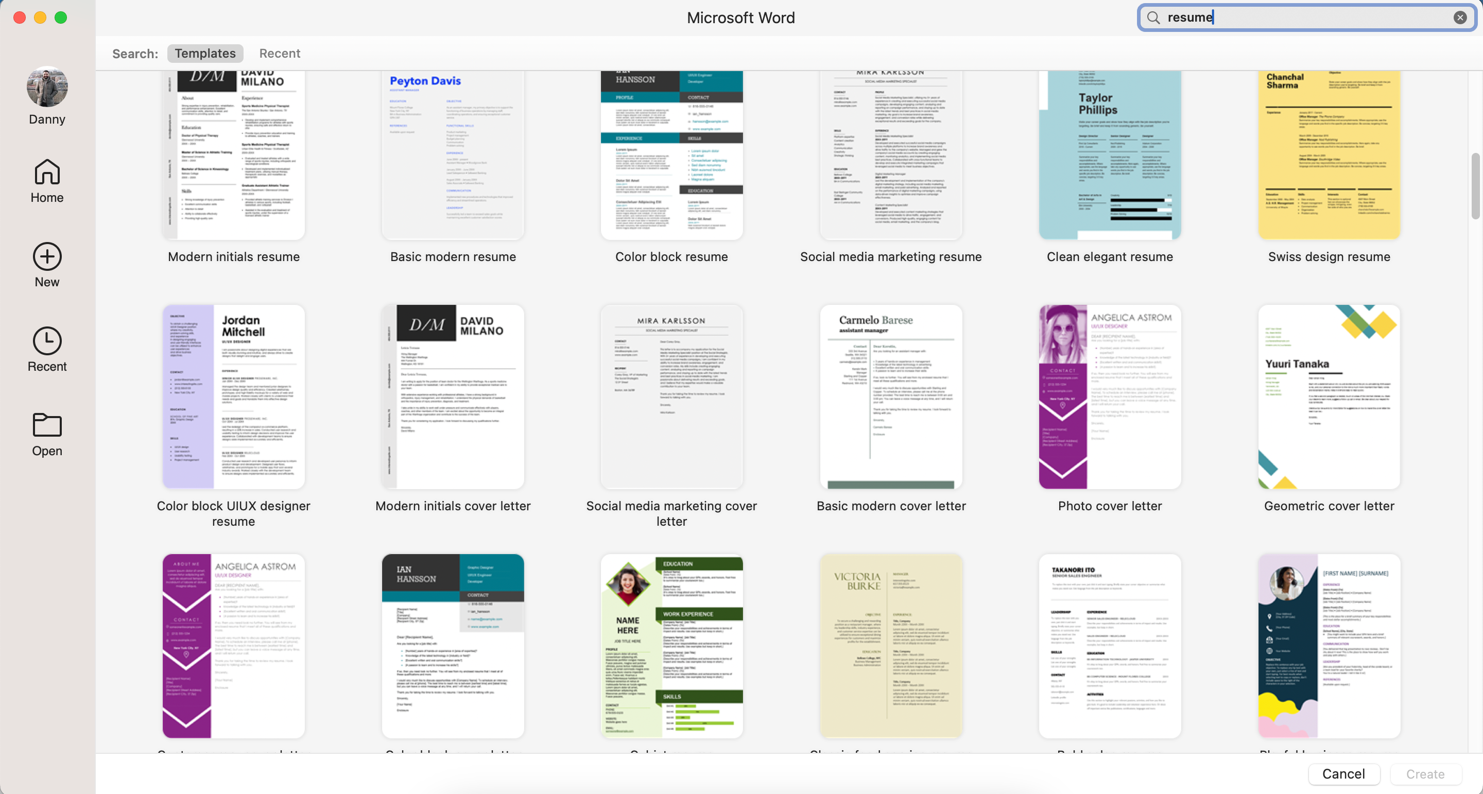 A list of the different templates available in the Microsoft Word app