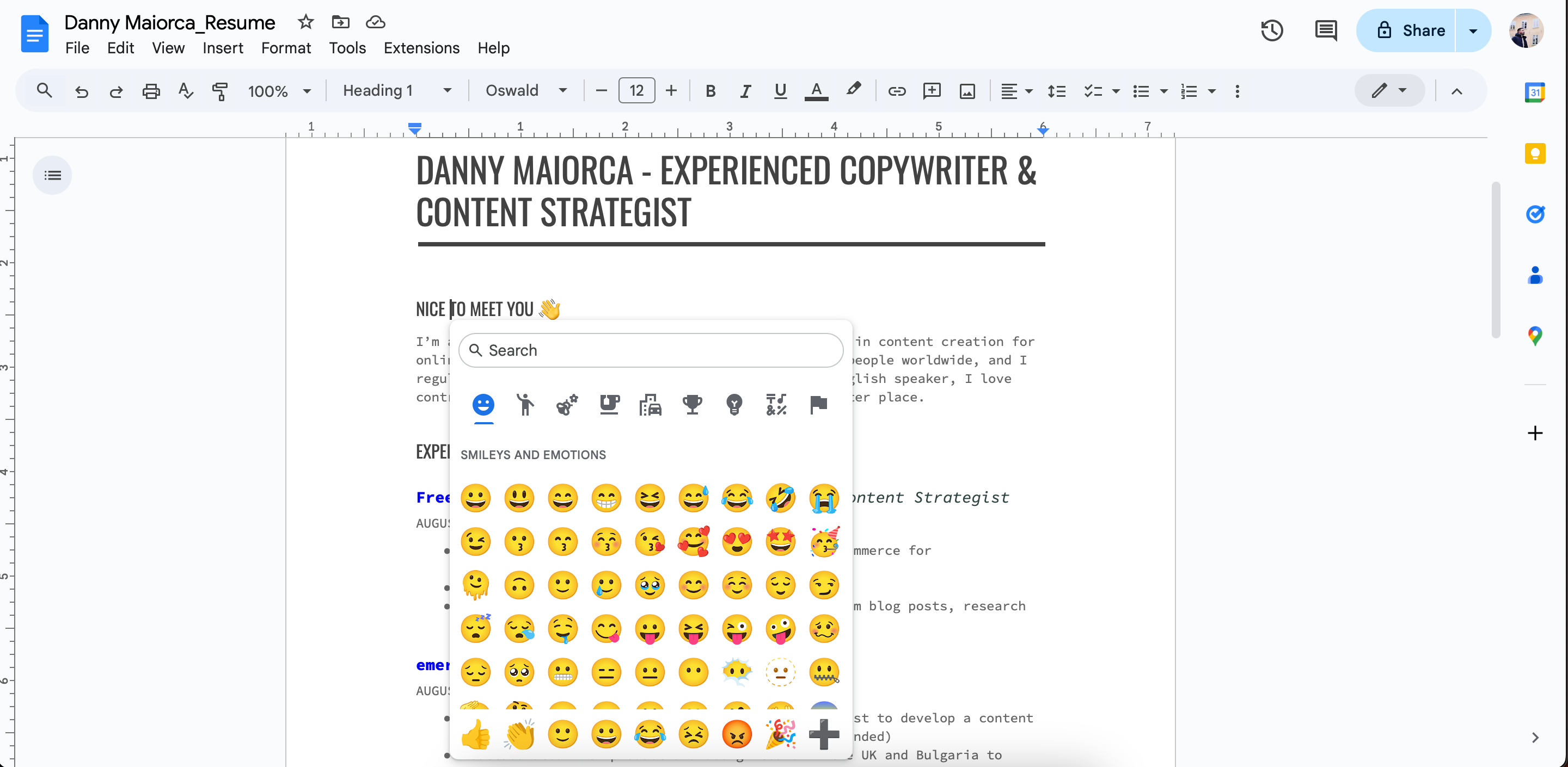 Add emojis to a resume in Google Docs