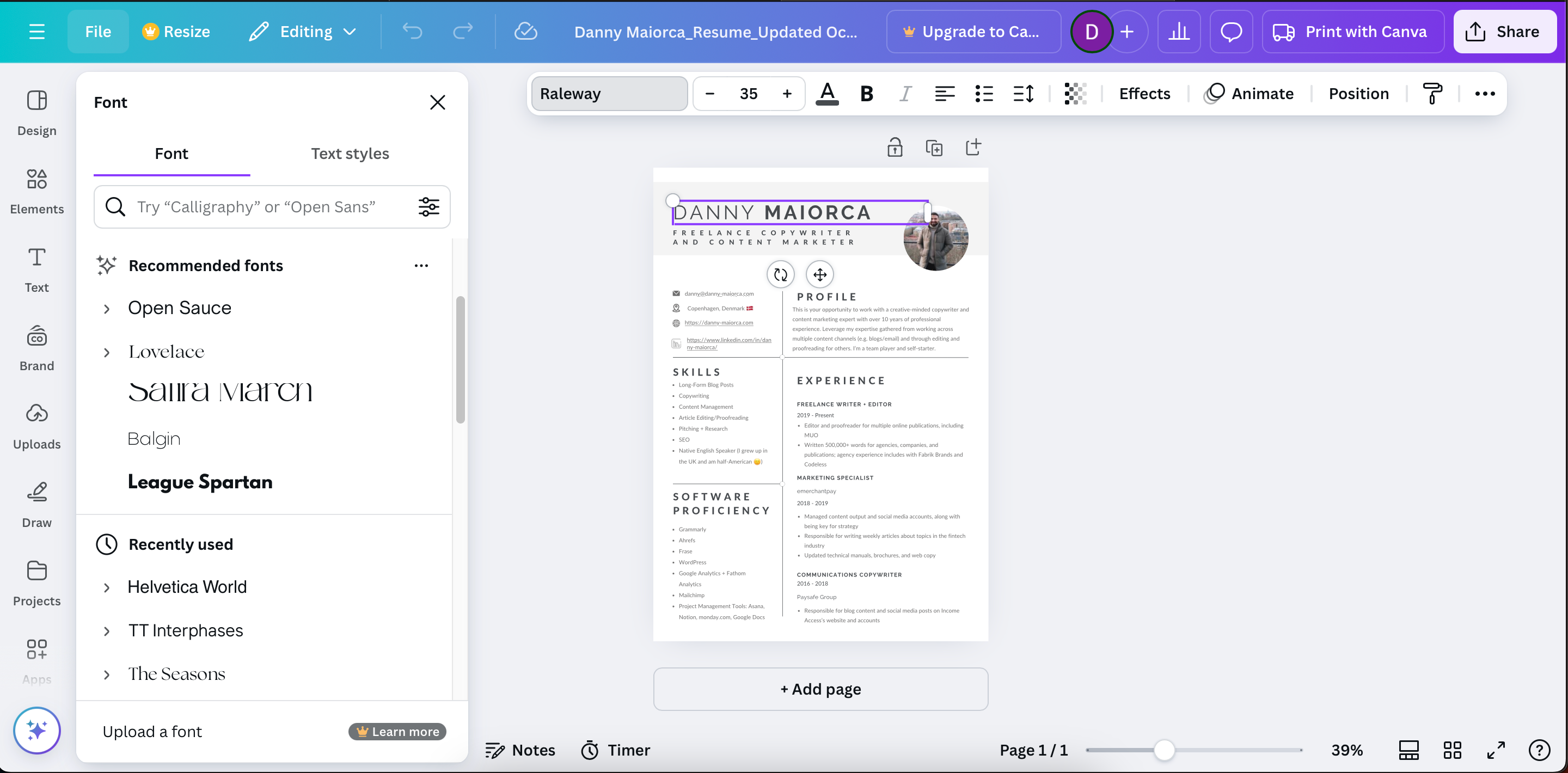A list of fonts for creating a resume in Canva