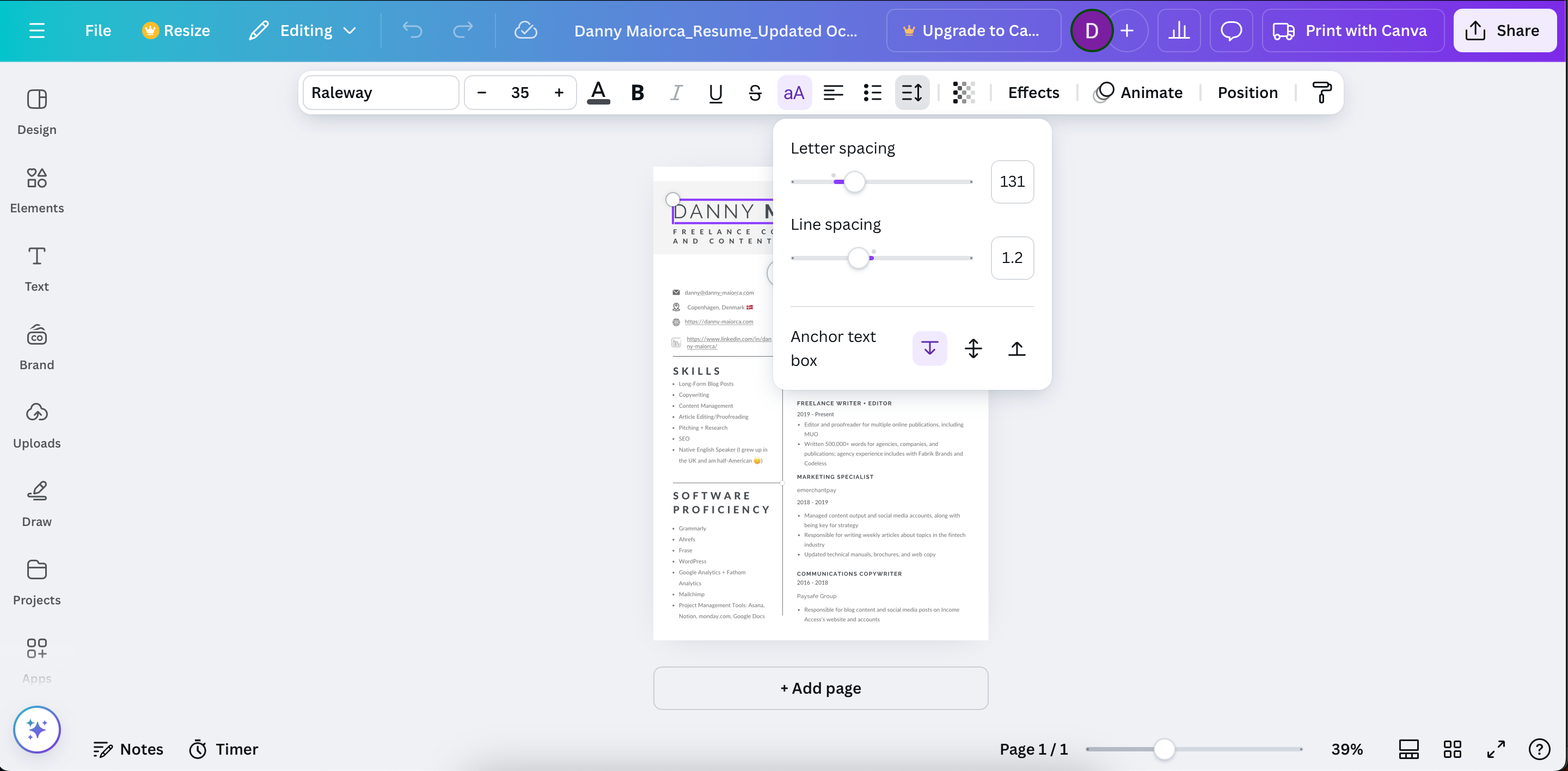 Letter and line spacing options within Canva