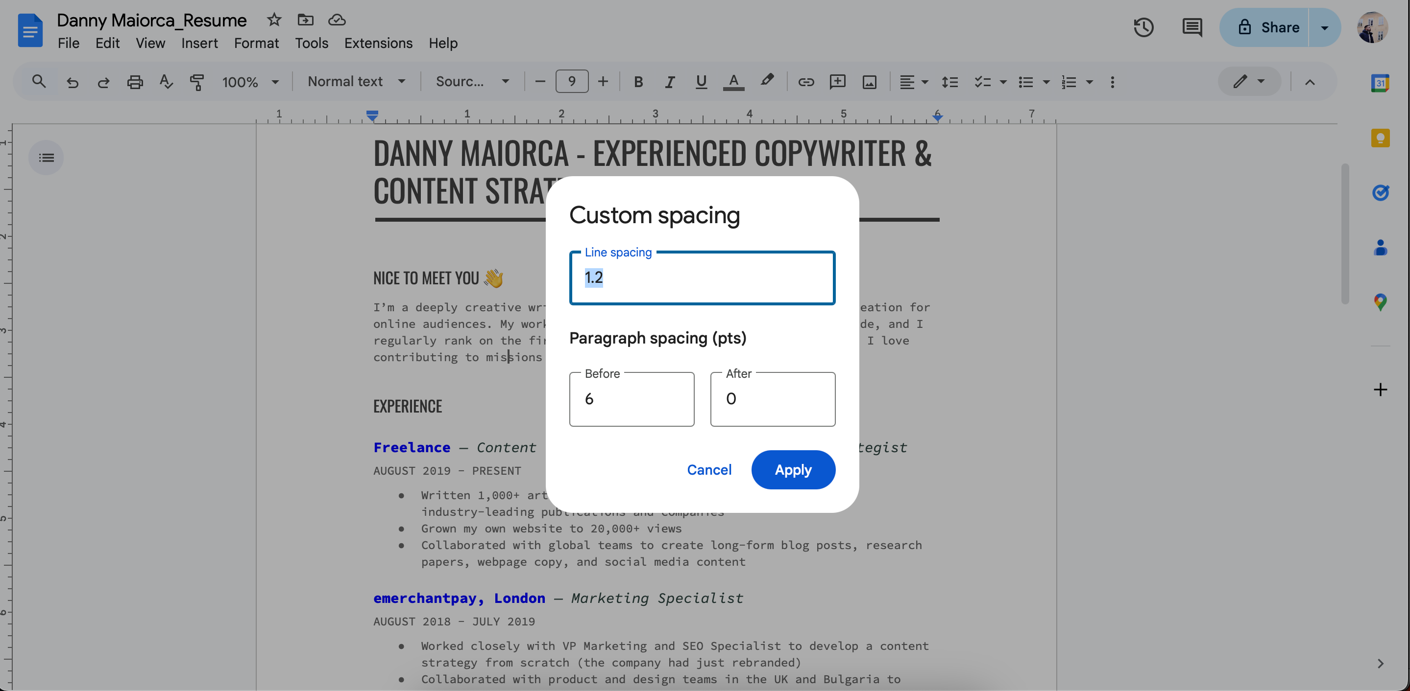 Line and paragraph spacing within Google Docs