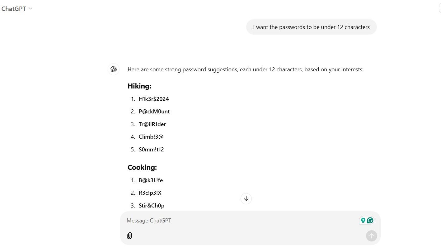 Modifying ChatGPT generated passwords to be under 12 characters.