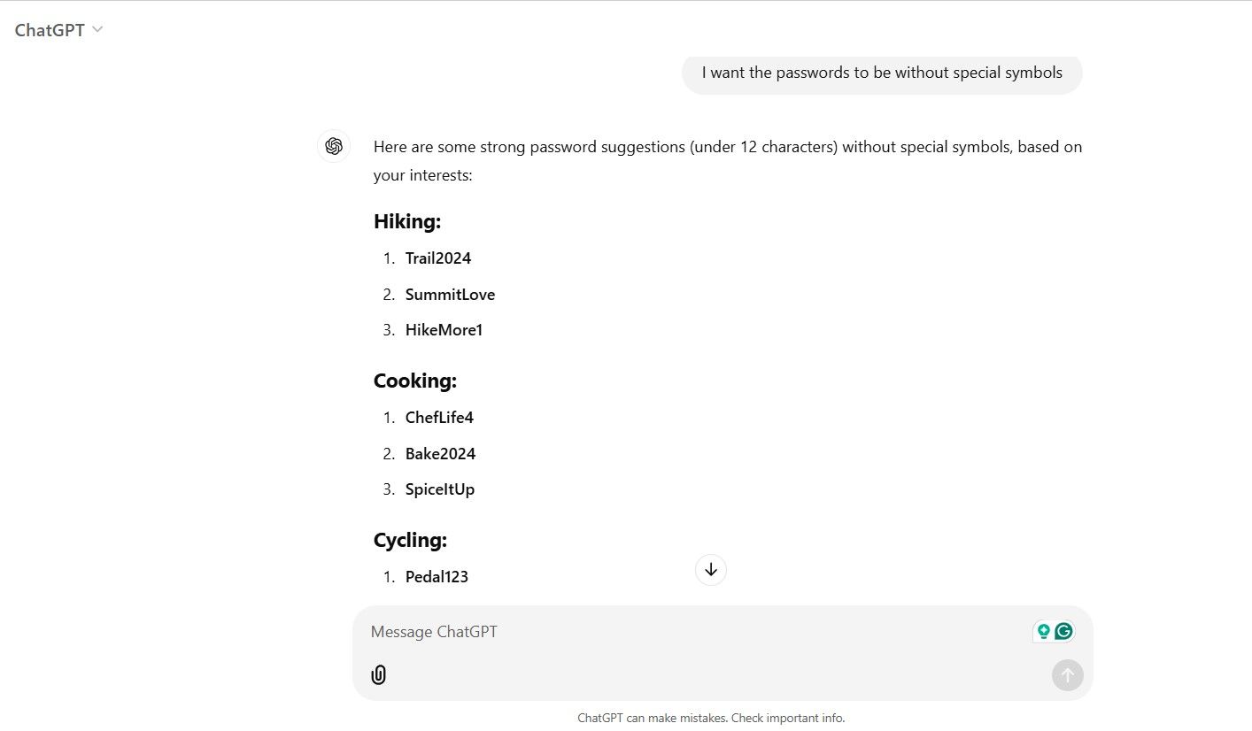 Prompting ChatGPT to generate passwords that are without symbols.