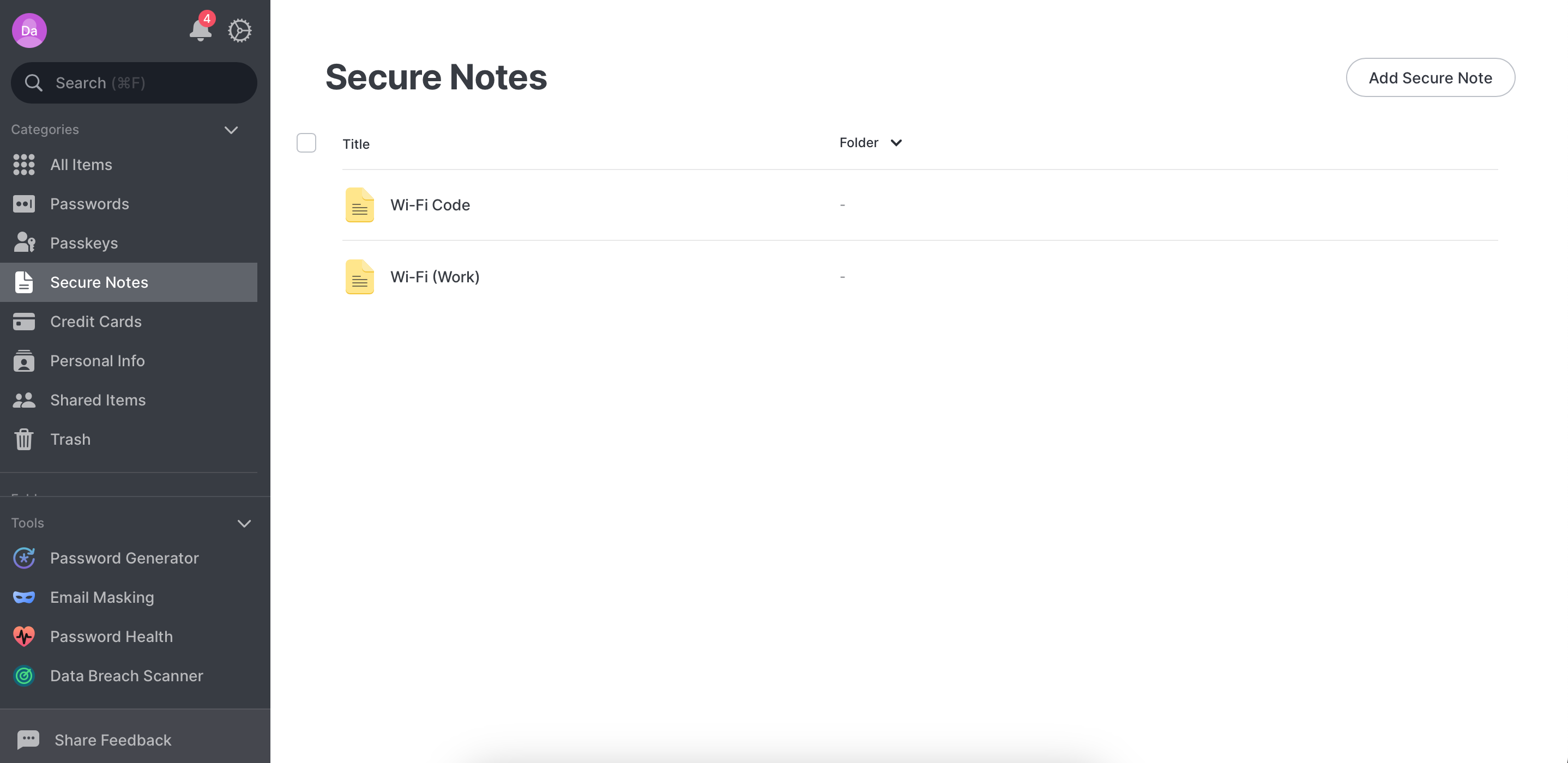 Creating secure notes in the Dashlane app