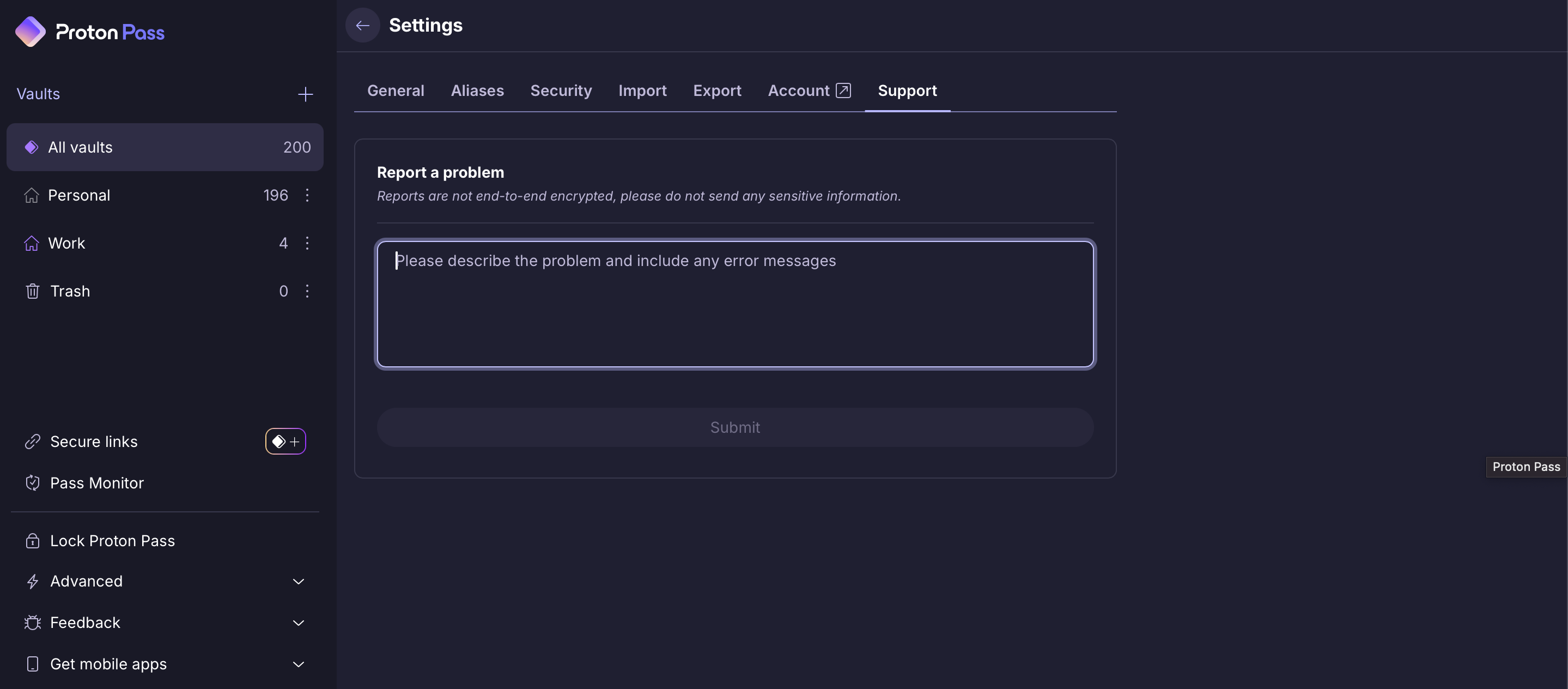 Submitting a support ticket in Proton Pass