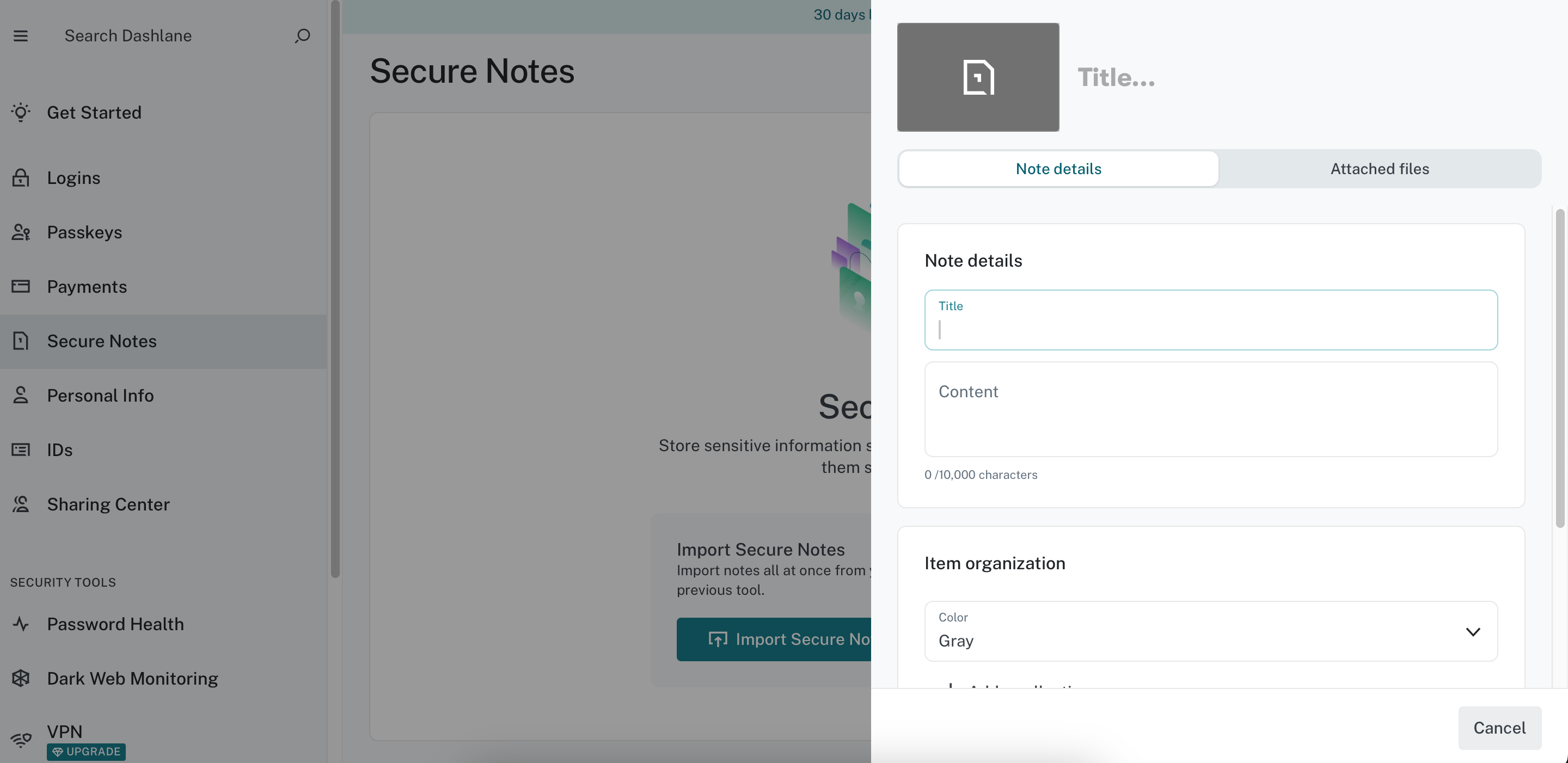 Creating a note in Dashlane