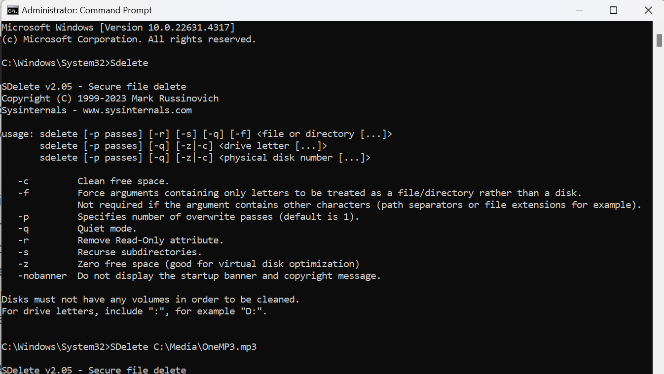 SDelete command in Command Prompt 