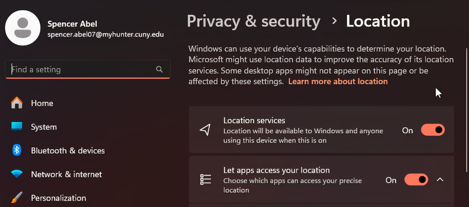 Location setting in Windows. 