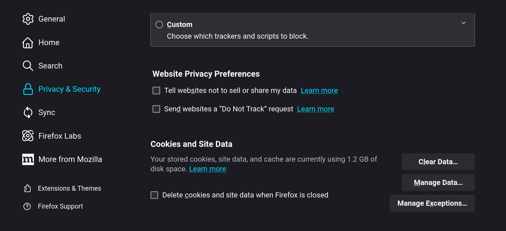 firefox cookies settings dialogue box